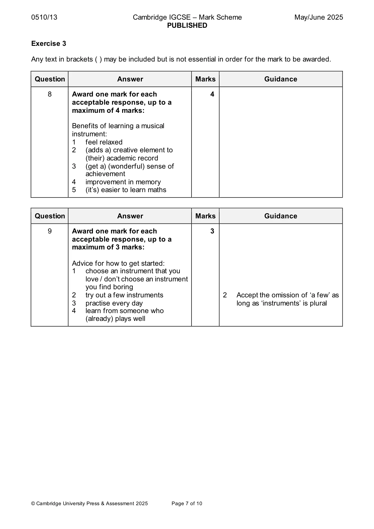 Mark scheme, page 7 of 10
