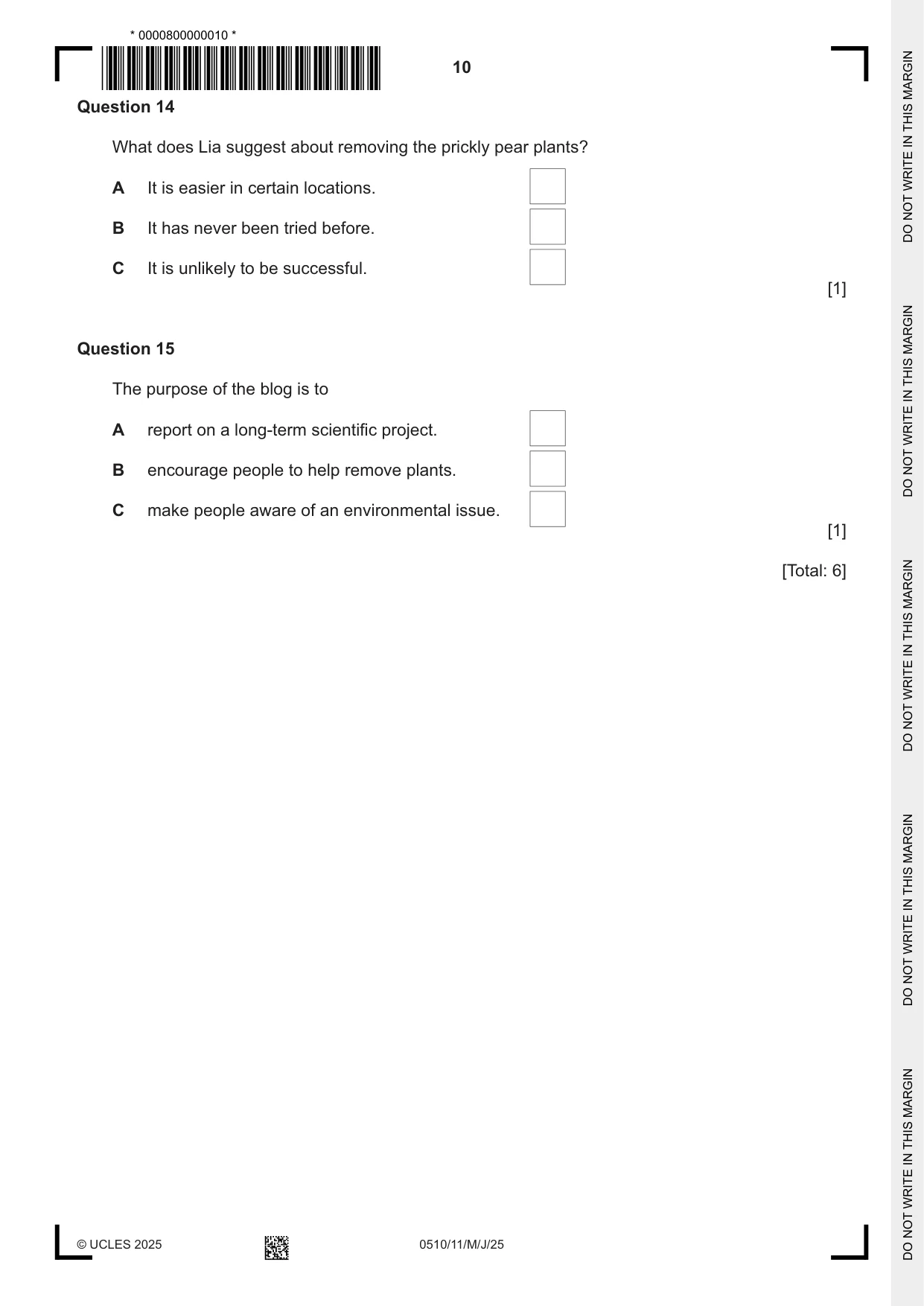 Cambridge IGCSE English - Second Language (oral endorsement) 0510 2025 May/June Paper 1 · Variant 1 question paper, page 10 of 16