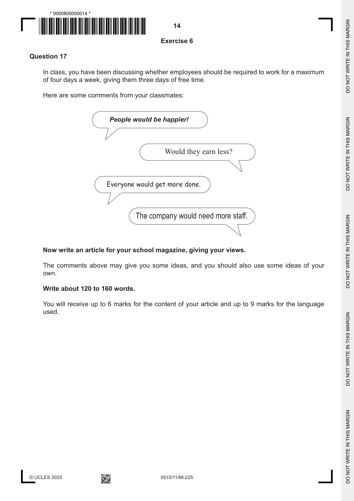 Cambridge IGCSE English - Second Language (oral endorsement) 0510 2025 May/June Paper 1 · Variant 1 question paper, page 14 of 16