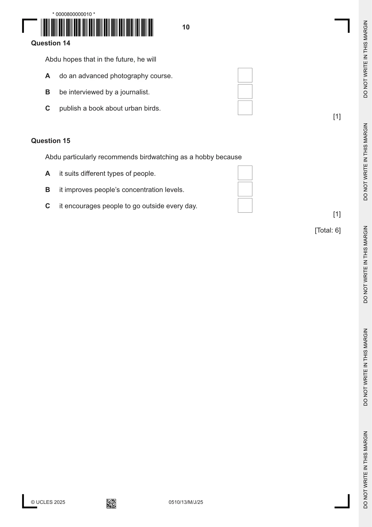 Cambridge IGCSE English - Second Language (oral endorsement) 0510 2025 May/June Paper 1 · Variant 3 question paper, page 10 of 16