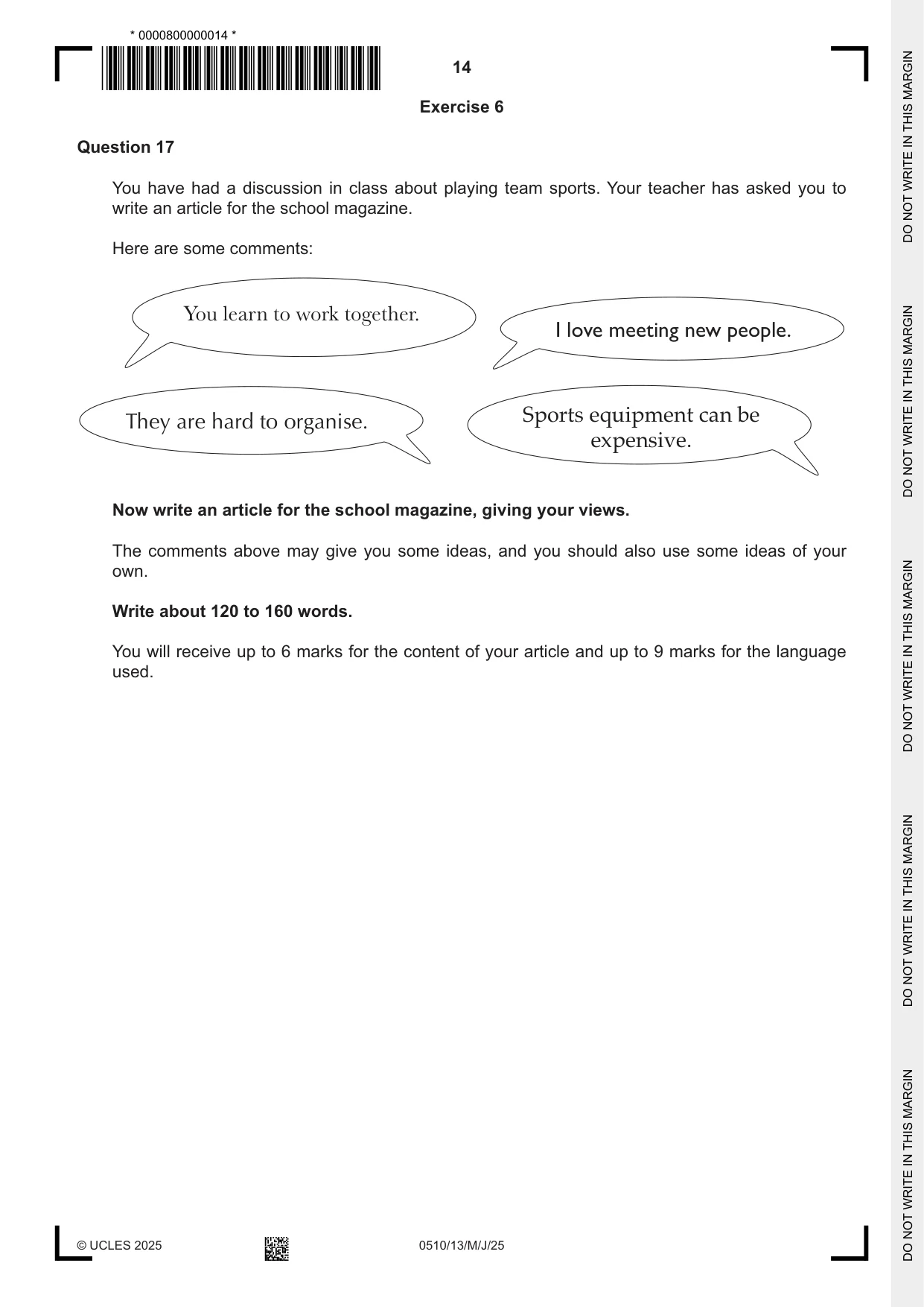 Cambridge IGCSE English - Second Language (oral endorsement) 0510 2025 May/June Paper 1 · Variant 3 question paper, page 14 of 16