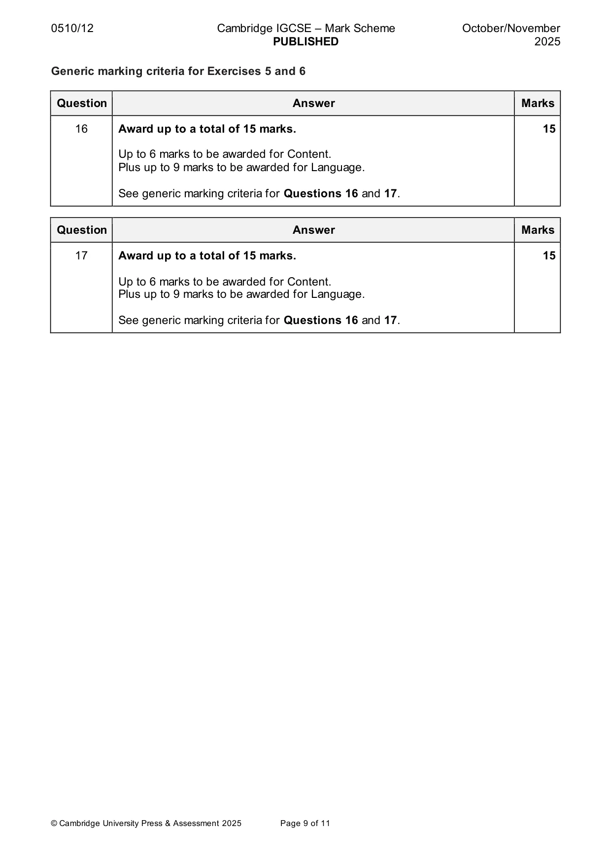 Mark scheme, page 9 of 11