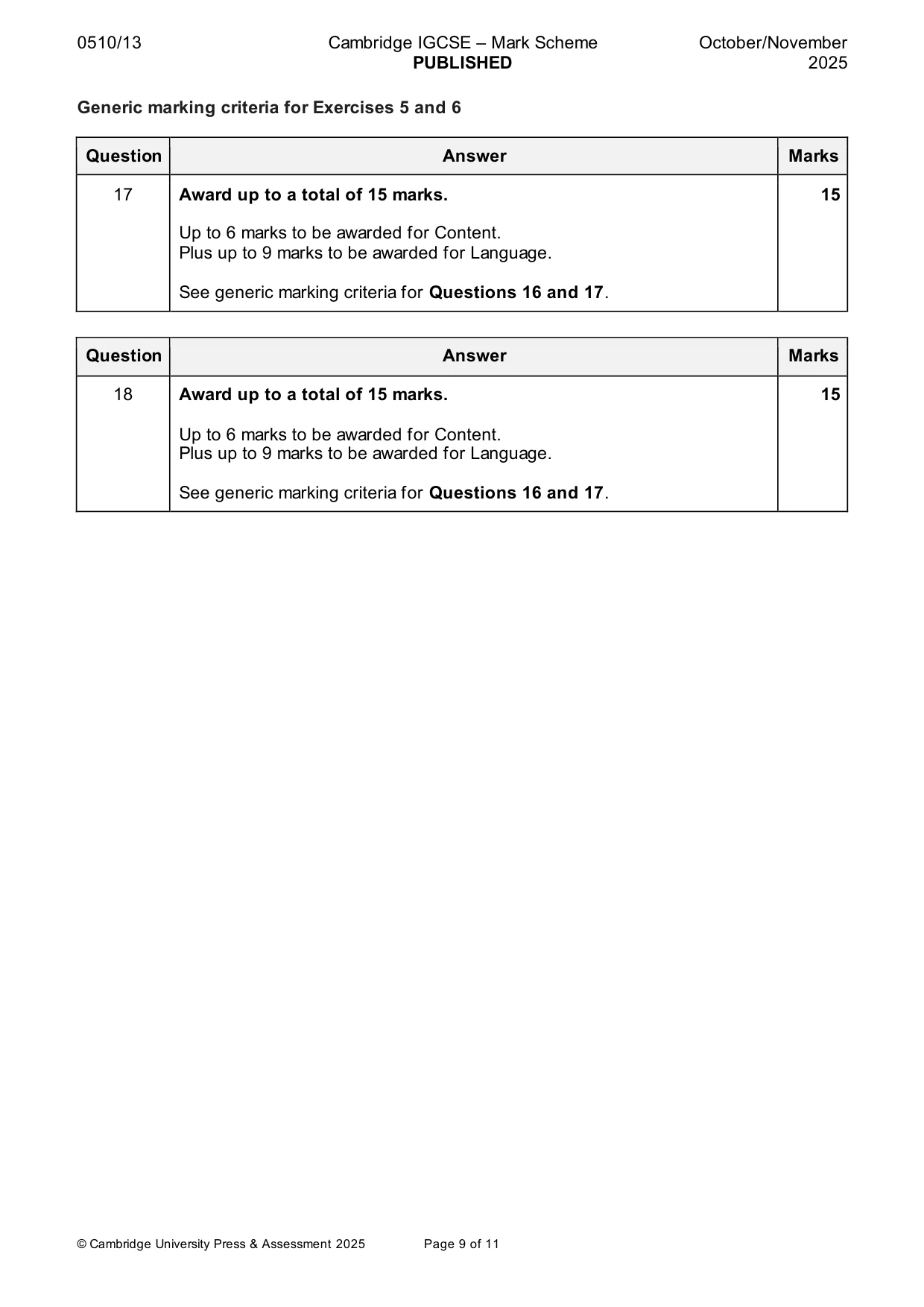 Mark scheme, page 9 of 11