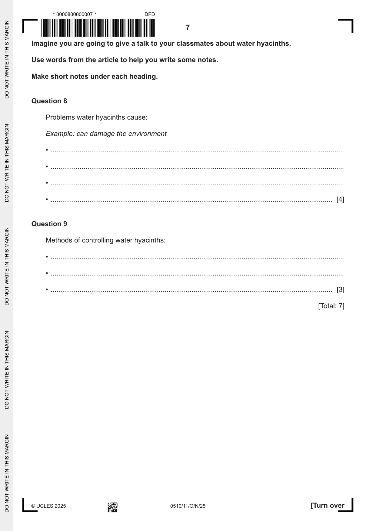 Cambridge IGCSE English - Second Language (oral endorsement) 0510 2025 Oct/Nov Paper 1 · Variant 1 question paper, page 7 of 16