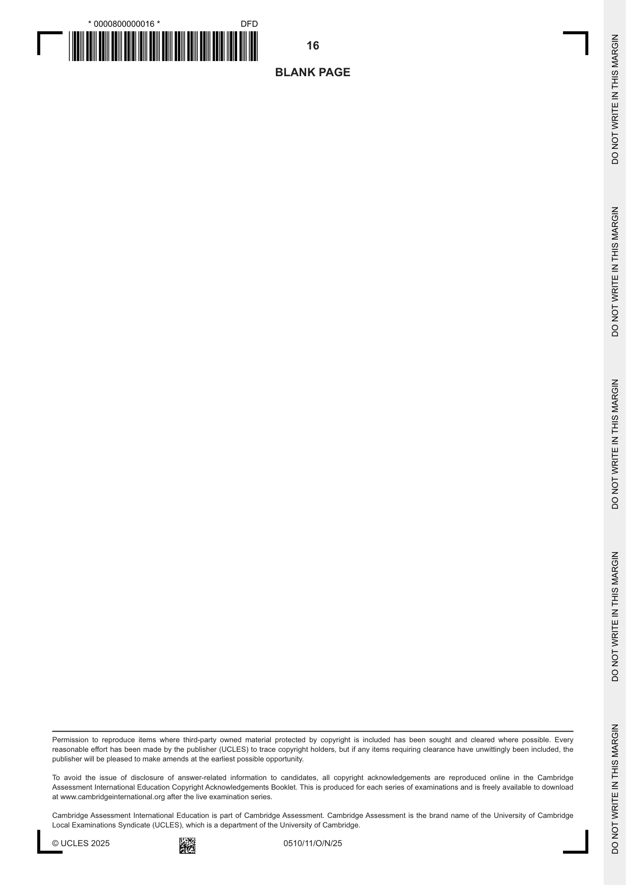 Cambridge IGCSE English - Second Language (oral endorsement) 0510 2025 Oct/Nov Paper 1 · Variant 1 question paper, page 16 of 16