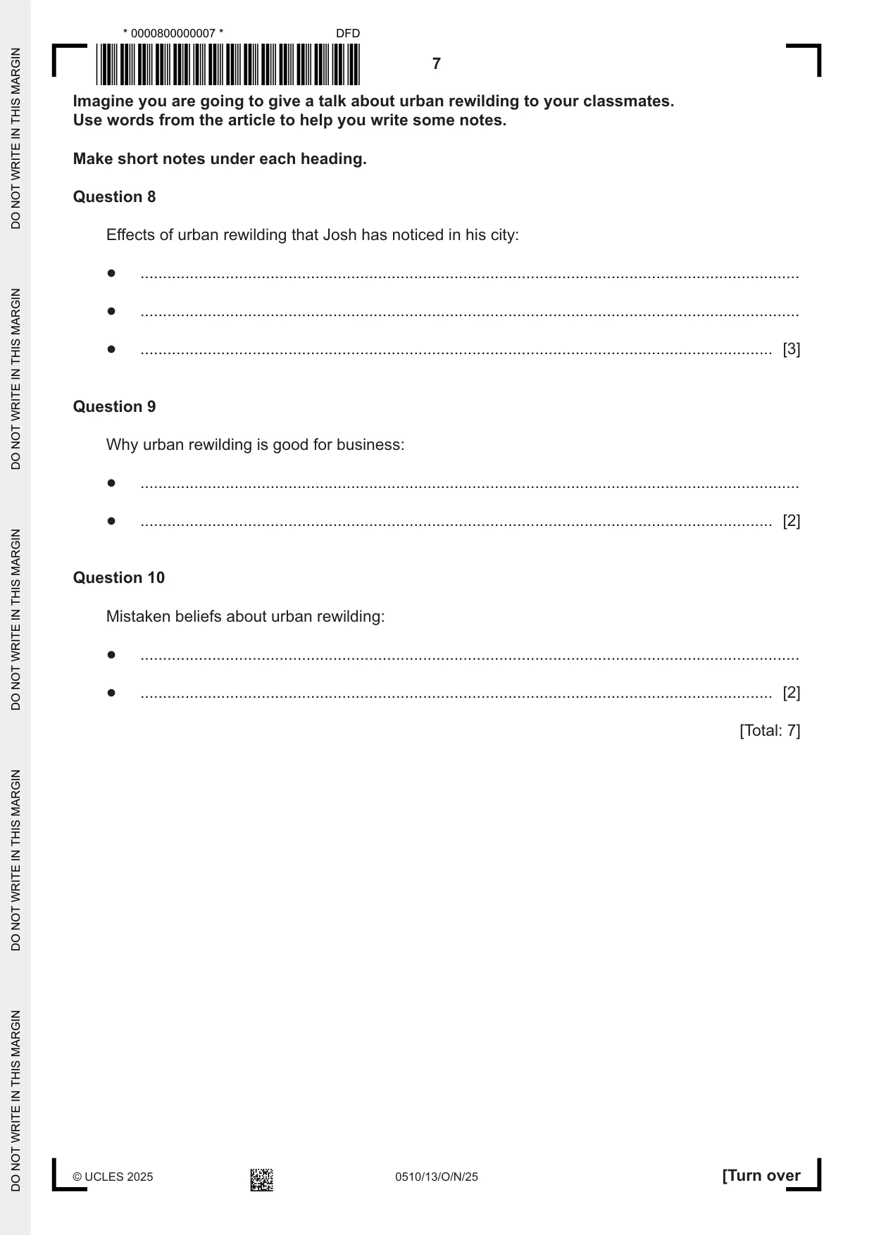 Cambridge IGCSE English - Second Language (oral endorsement) 0510 2025 Oct/Nov Paper 1 · Variant 3 question paper, page 7 of 16