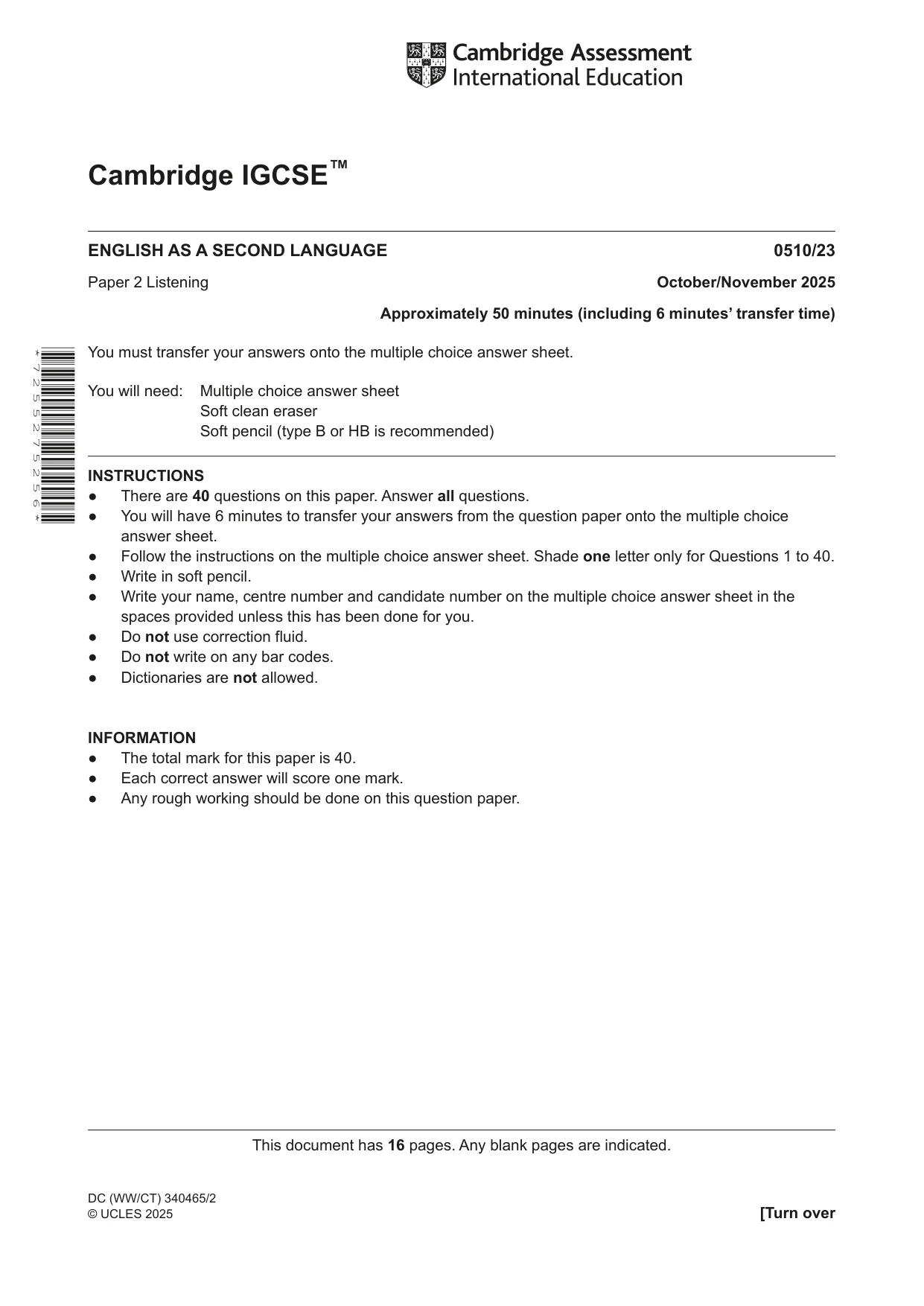Cambridge IGCSE English - Second Language (oral endorsement) 0510 2025 Oct/Nov Paper 2 · Variant 3 question paper, page 1 of 16