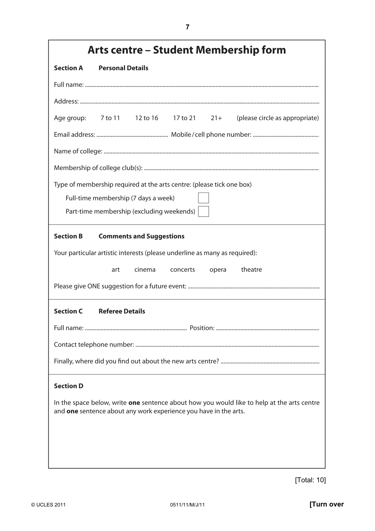 Cambridge IGCSE English - Second Language (count-in oral) 0511 2011 May/June Paper 1 · Variant 1 question paper, page 7 of 16