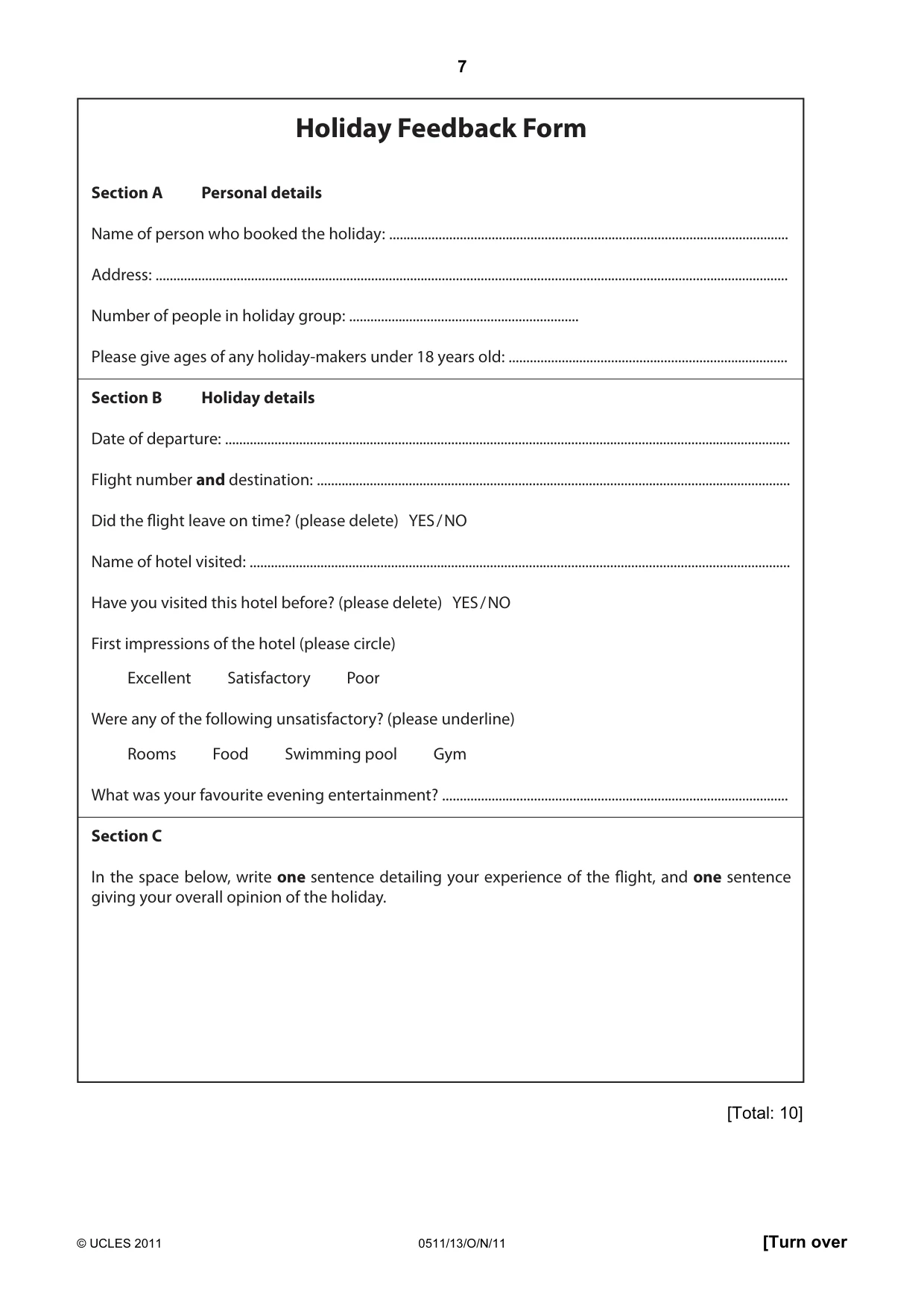 Cambridge IGCSE English - Second Language (count-in oral) 0511 2011 Oct/Nov Paper 1 · Variant 3 question paper, page 7 of 16