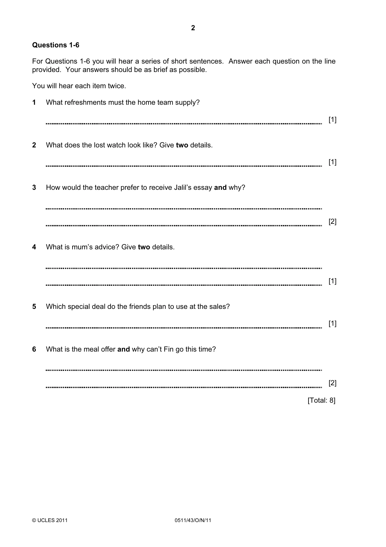 Cambridge IGCSE English - Second Language (count-in oral) 0511 2011 Oct/Nov Paper 4 · Variant 3 question paper, page 2 of 8
