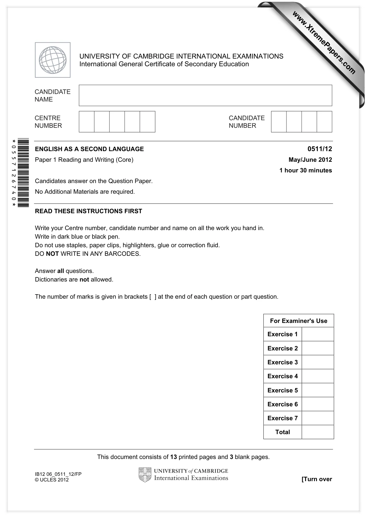 Cambridge IGCSE English - Second Language (count-in oral) 0511 2012 May/June Paper 1 · Variant 2 question paper, page 1 of 16