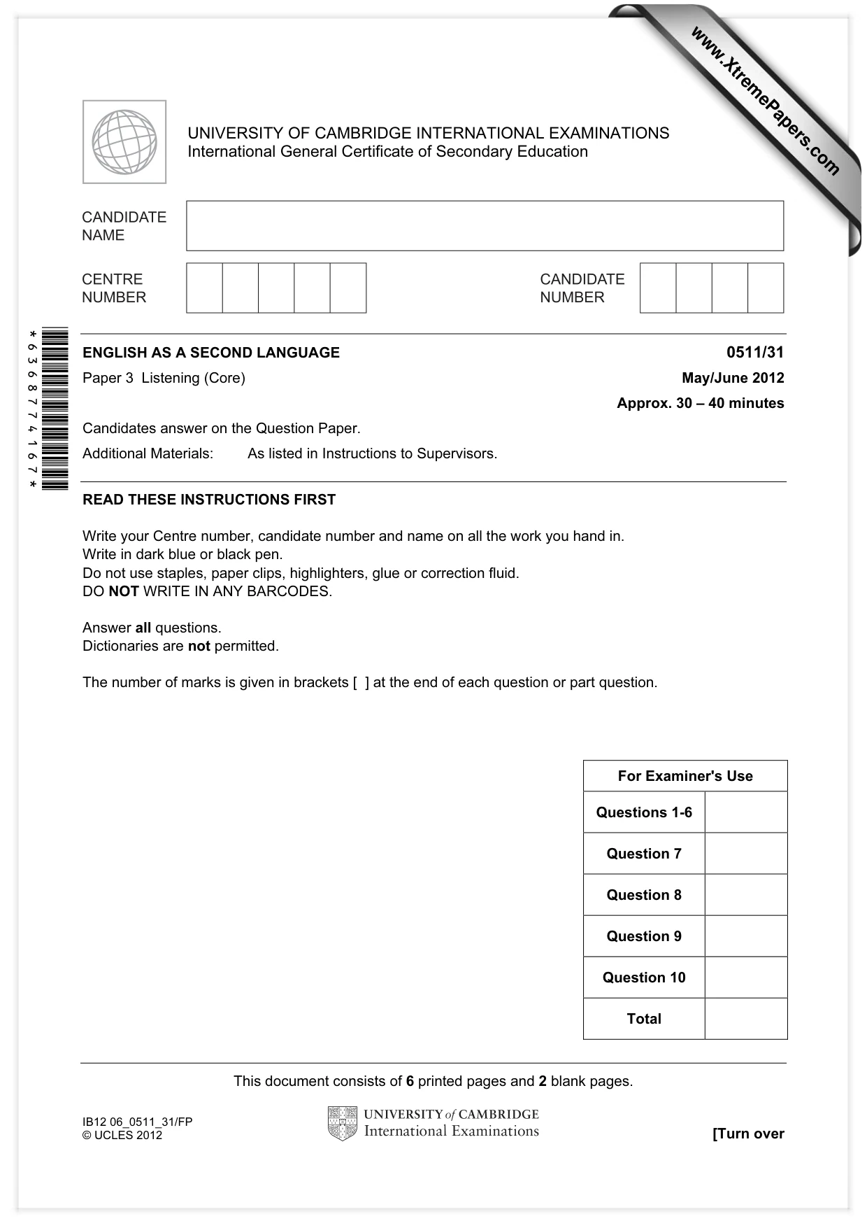 Cambridge IGCSE English - Second Language (count-in oral) 0511 2012 May/June Paper 3 · Variant 1 question paper, page 1 of 8