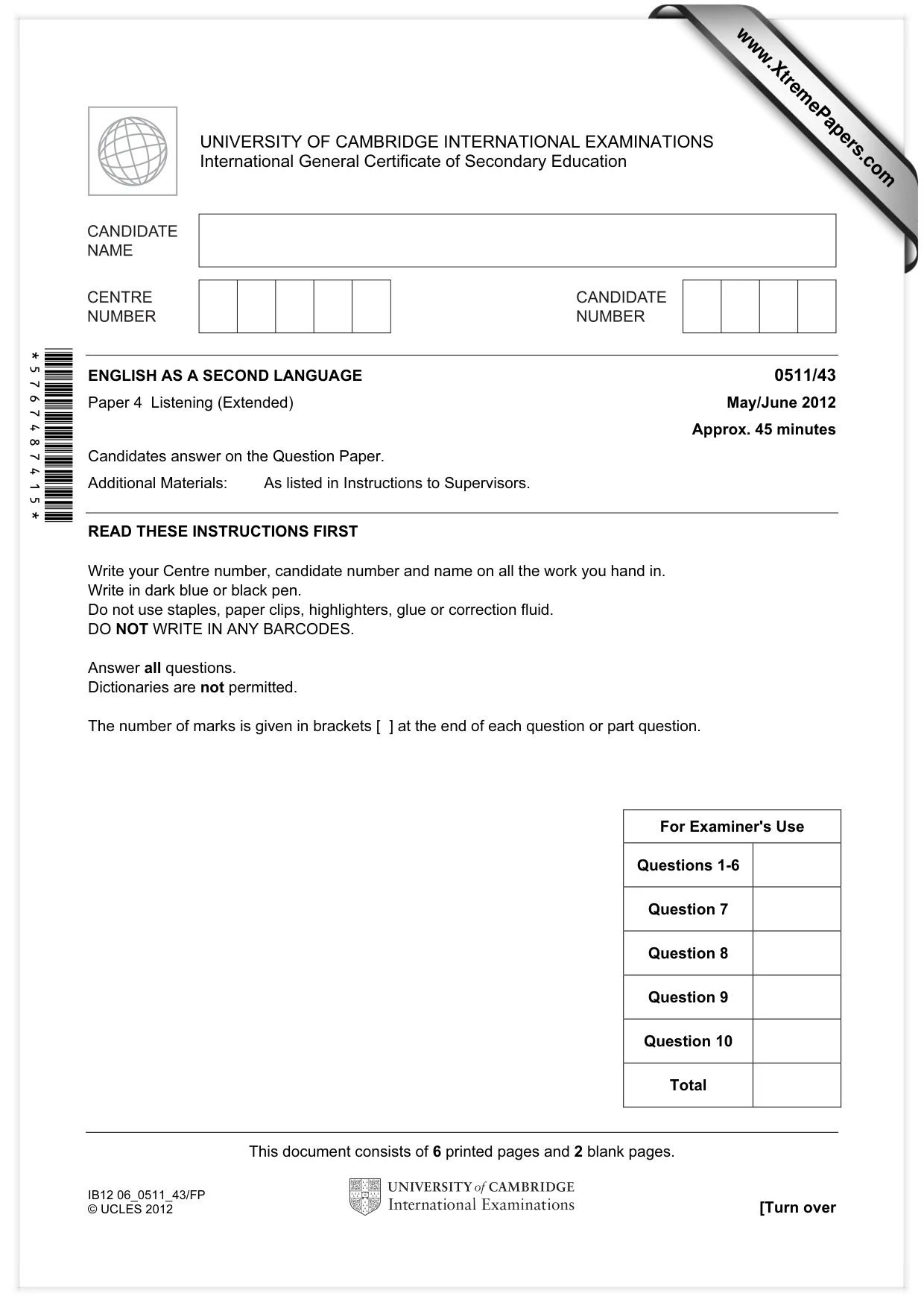 Cambridge IGCSE English - Second Language (count-in oral) 0511 2012 May/June Paper 4 · Variant 3 question paper, page 1 of 8