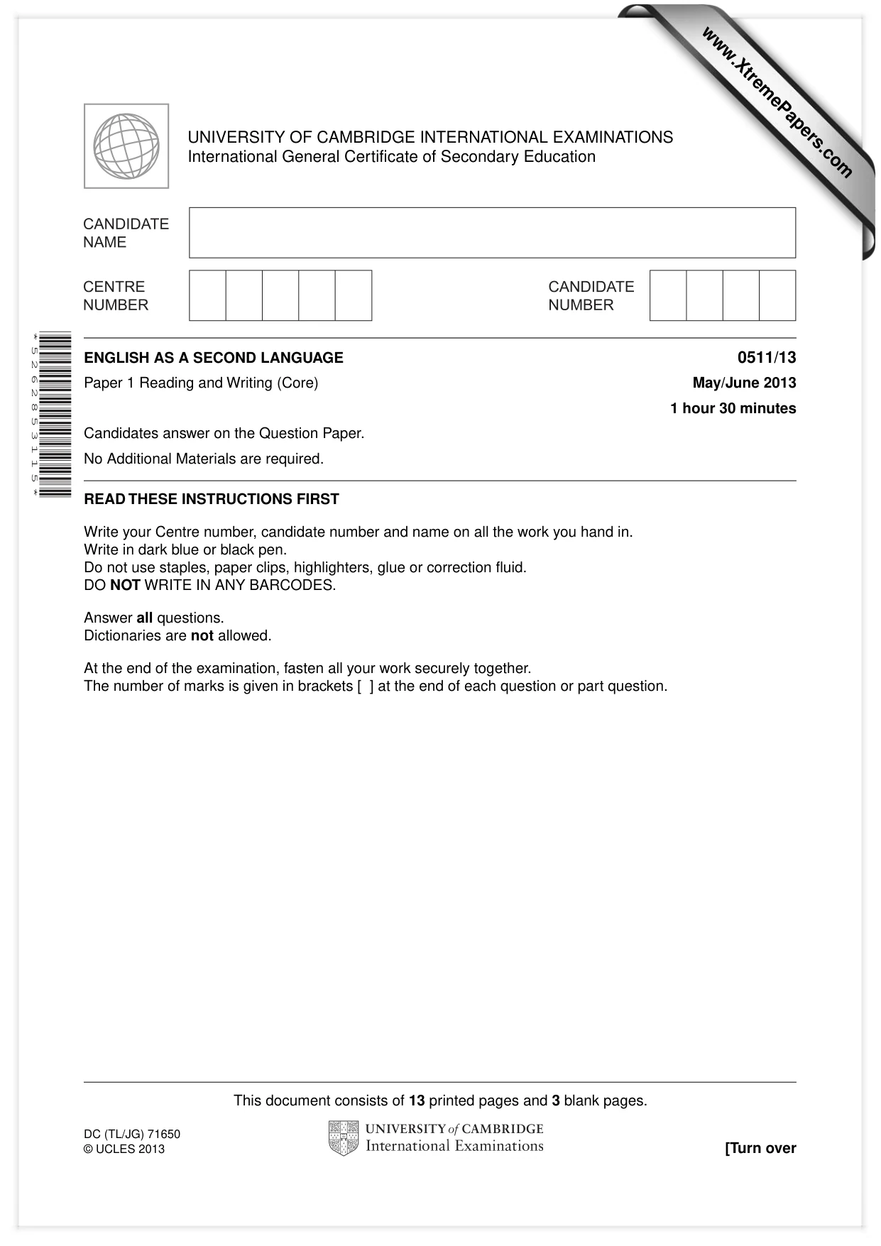 Cambridge IGCSE English - Second Language (count-in oral) 0511 2013 May/June Paper 1 · Variant 3 question paper, page 1 of 16