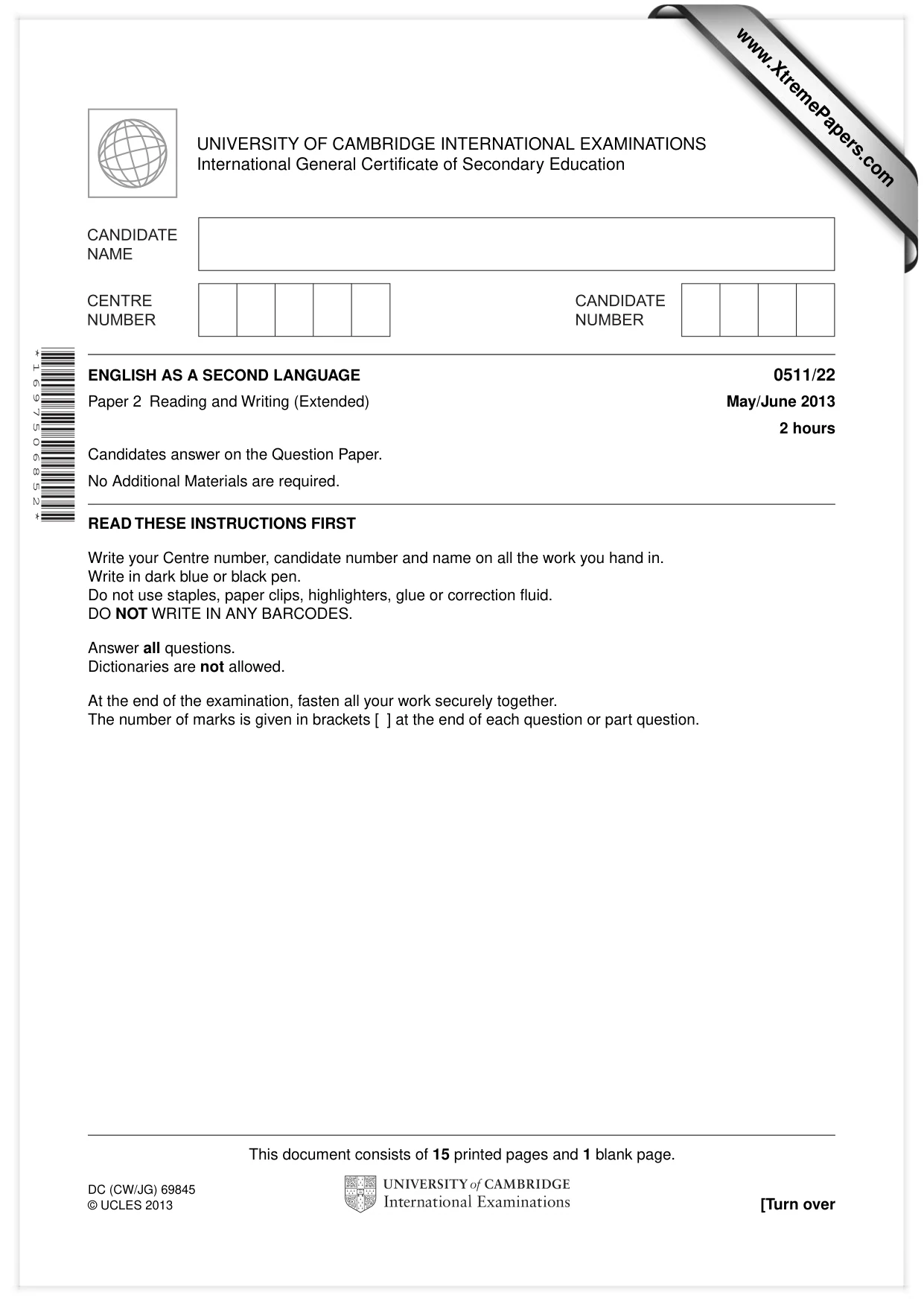 Cambridge IGCSE English - Second Language (count-in oral) 0511 2013 May/June Paper 2 · Variant 2 question paper, page 1 of 16