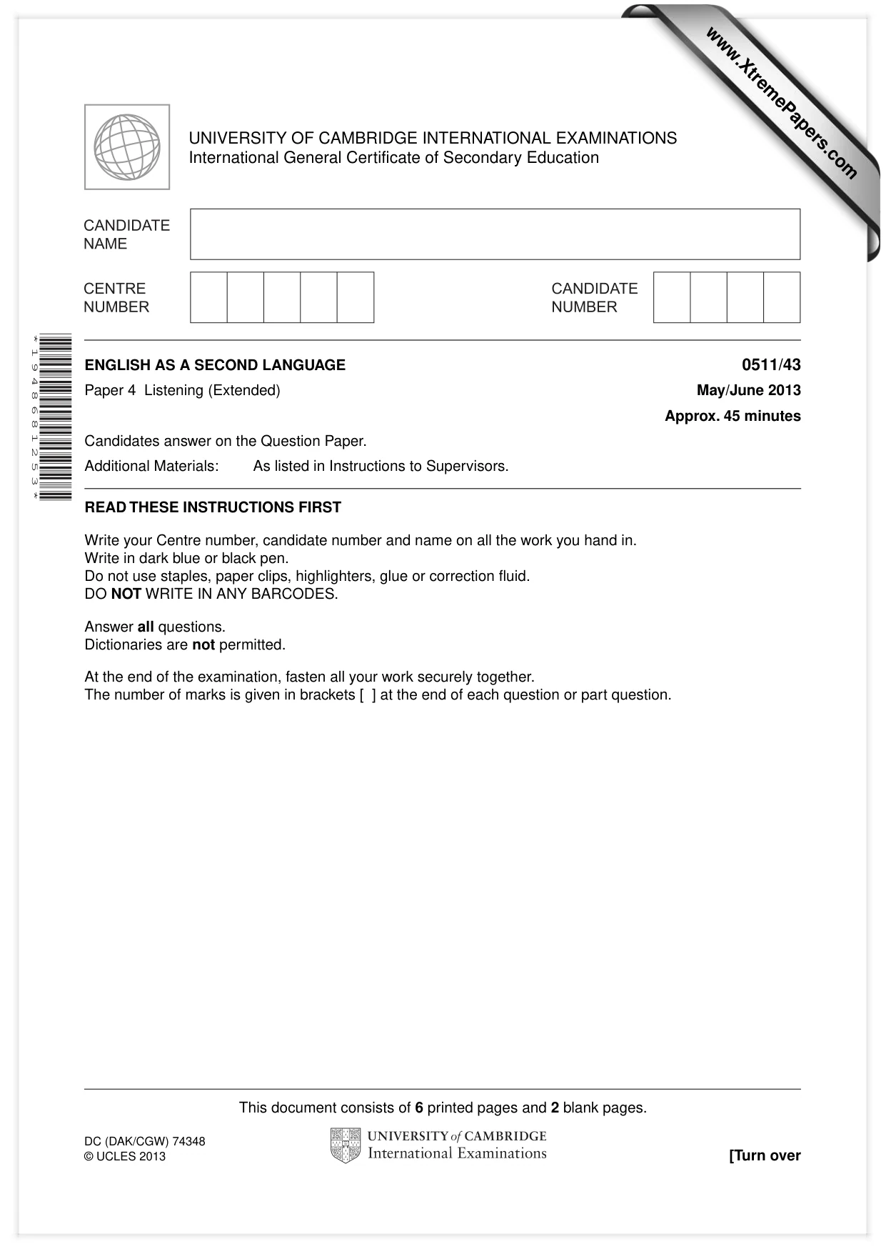 Cambridge IGCSE English - Second Language (count-in oral) 0511 2013 May/June Paper 4 · Variant 3 question paper, page 1 of 8