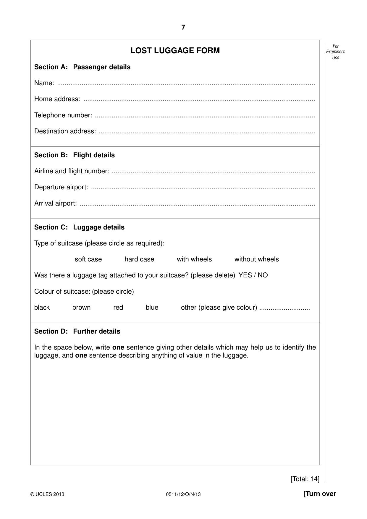 Cambridge IGCSE English - Second Language (count-in oral) 0511 2013 Oct/Nov Paper 1 · Variant 2 question paper, page 7 of 16
