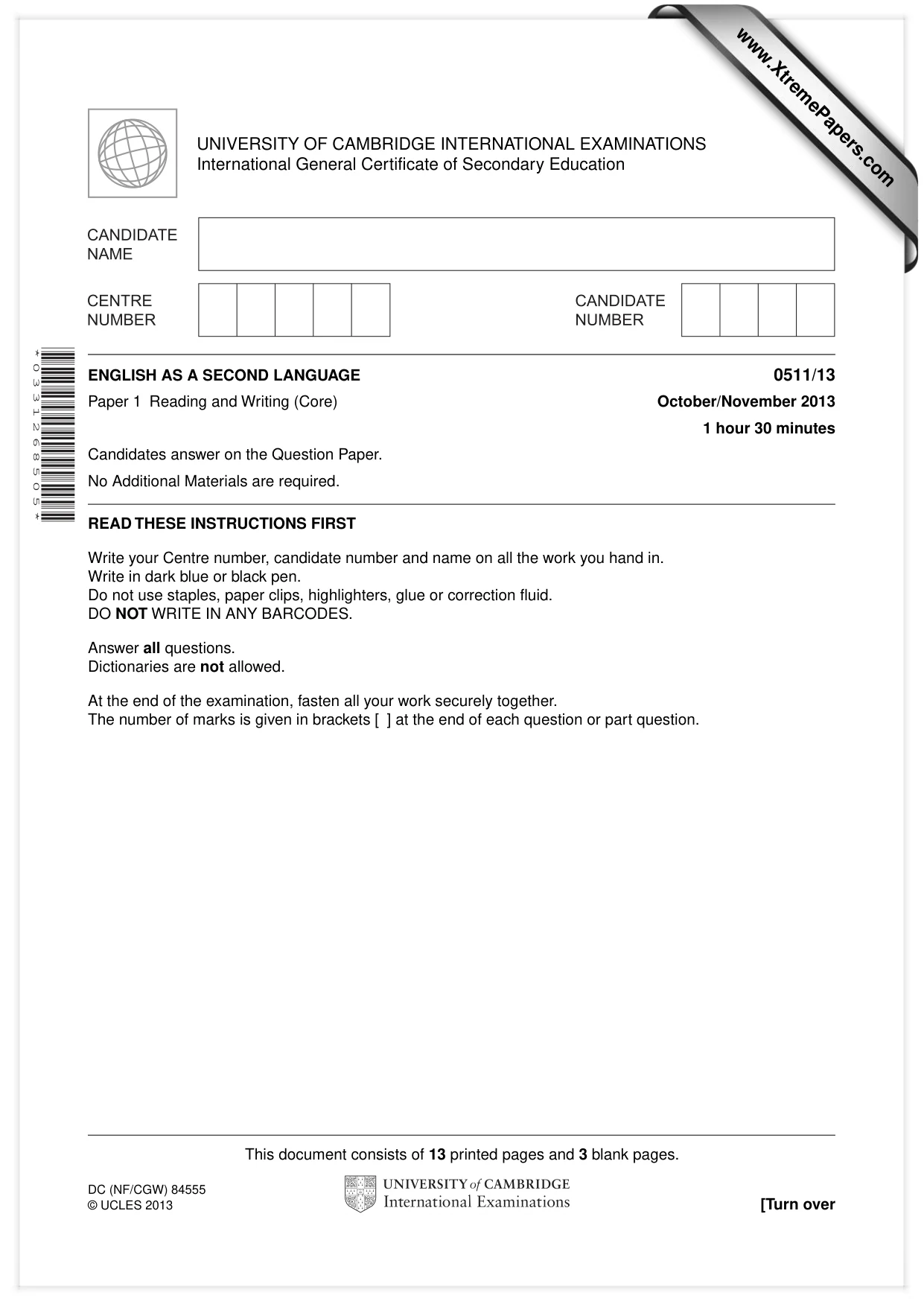 Cambridge IGCSE English - Second Language (count-in oral) 0511 2013 Oct/Nov Paper 1 · Variant 3 question paper, page 1 of 16