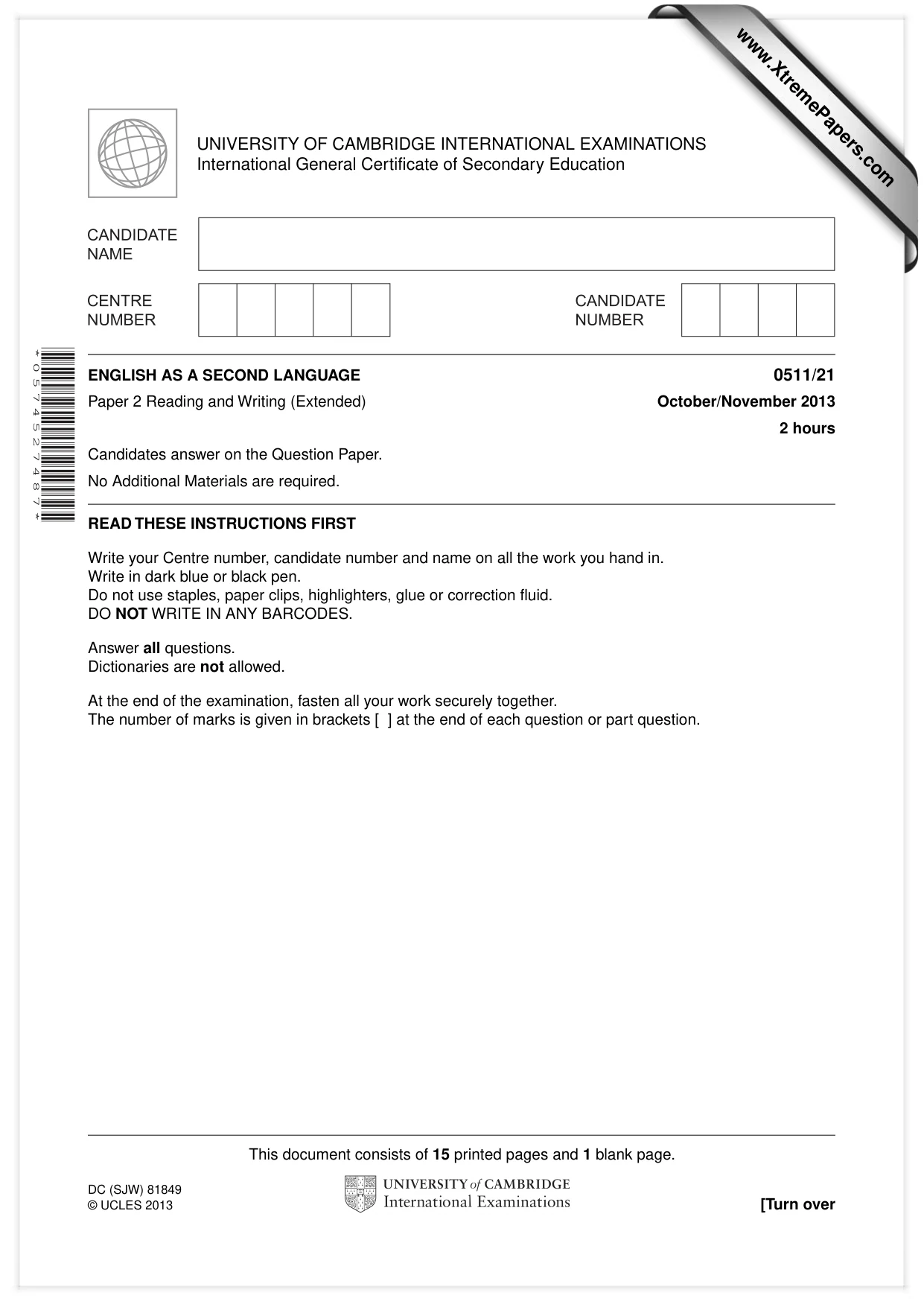 Cambridge IGCSE English - Second Language (count-in oral) 0511 2013 Oct/Nov Paper 2 · Variant 1 question paper, page 1 of 16