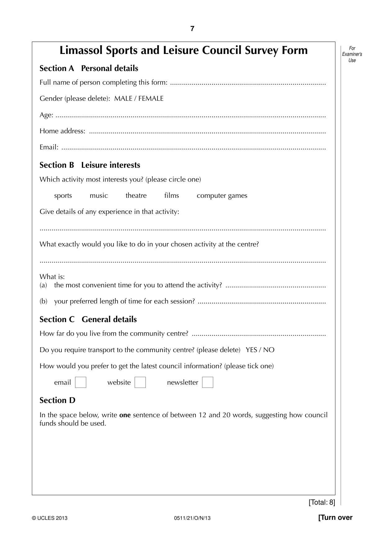 Cambridge IGCSE English - Second Language (count-in oral) 0511 2013 Oct/Nov Paper 2 · Variant 1 question paper, page 7 of 16