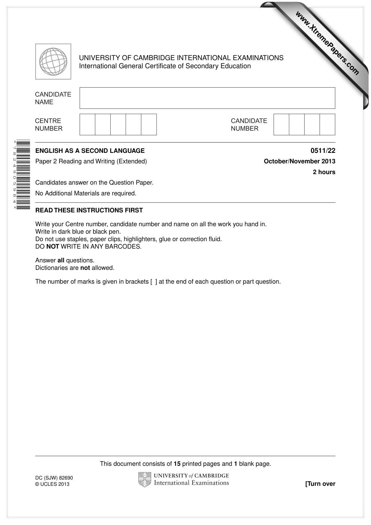 Cambridge IGCSE English - Second Language (count-in oral) 0511 2013 Oct/Nov Paper 2 · Variant 2 question paper, page 1 of 16