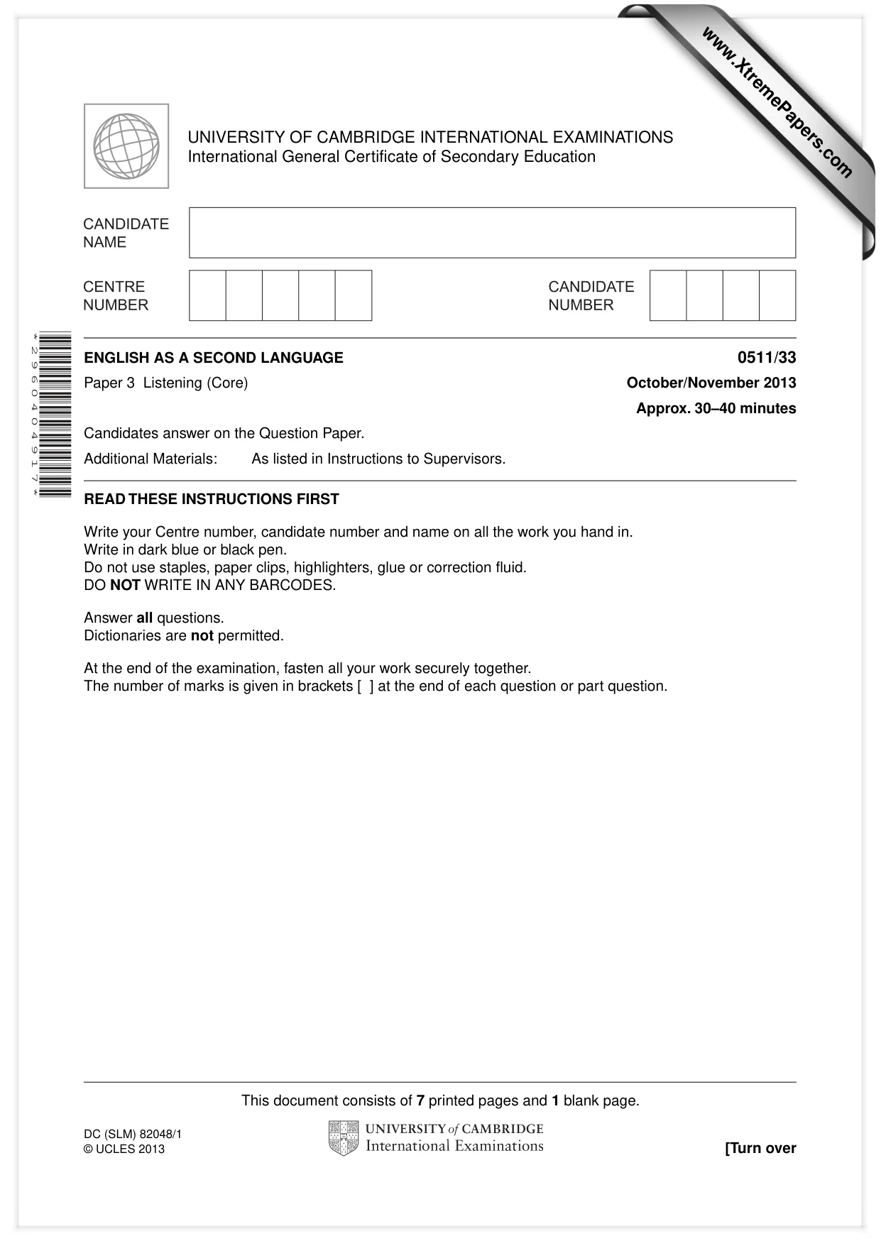 Cambridge IGCSE English - Second Language (count-in oral) 0511 2013 Oct/Nov Paper 3 · Variant 3 question paper, page 1 of 8
