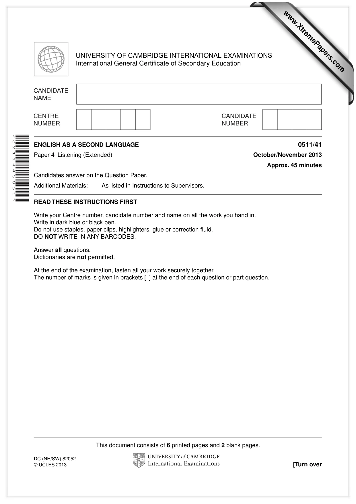 Cambridge IGCSE English - Second Language (count-in oral) 0511 2013 Oct/Nov Paper 4 · Variant 1 question paper, page 1 of 8