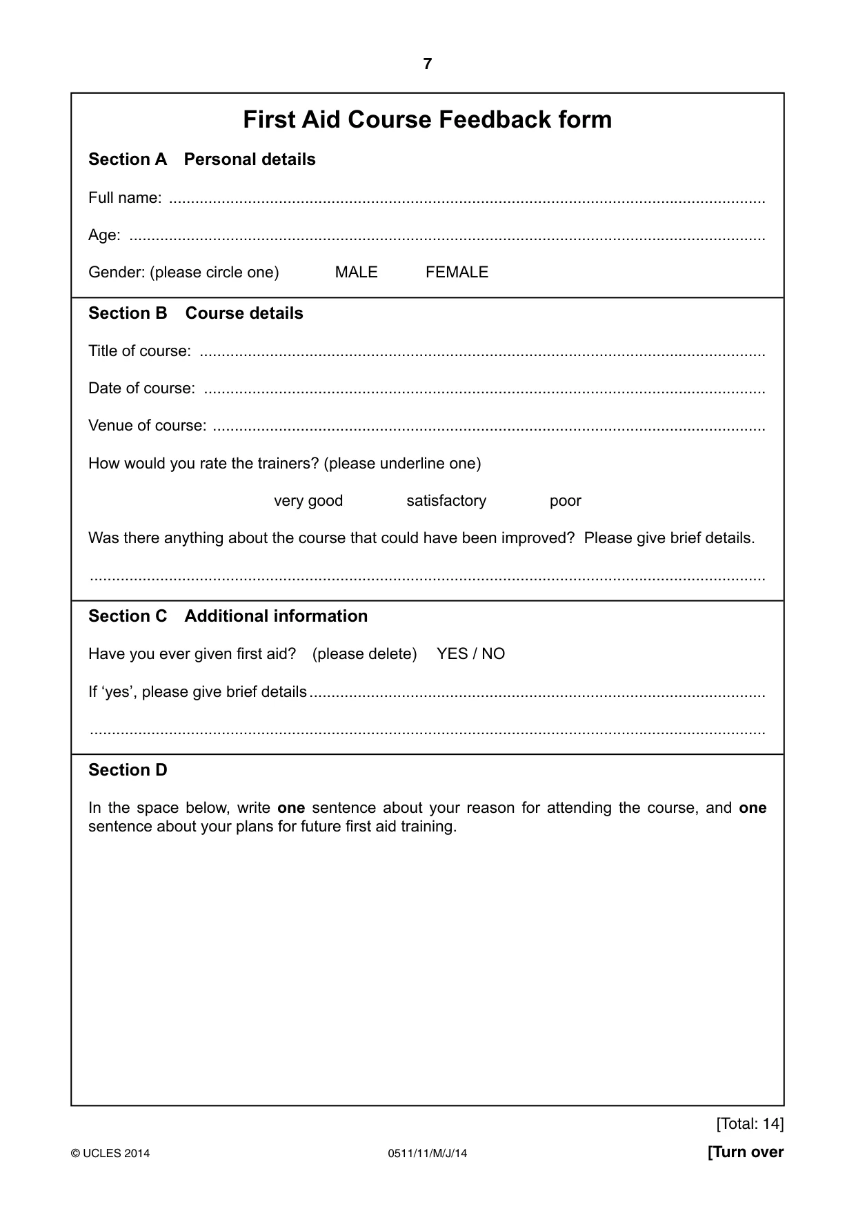 Cambridge IGCSE English - Second Language (count-in oral) 0511 2014 May/June Paper 1 · Variant 1 question paper, page 7 of 16