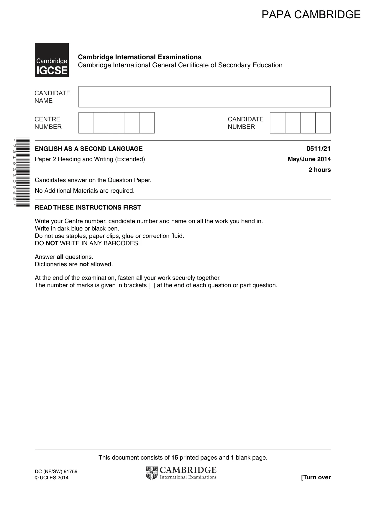 Cambridge IGCSE English - Second Language (count-in oral) 0511 2014 May/June Paper 2 · Variant 1 question paper, page 1 of 16