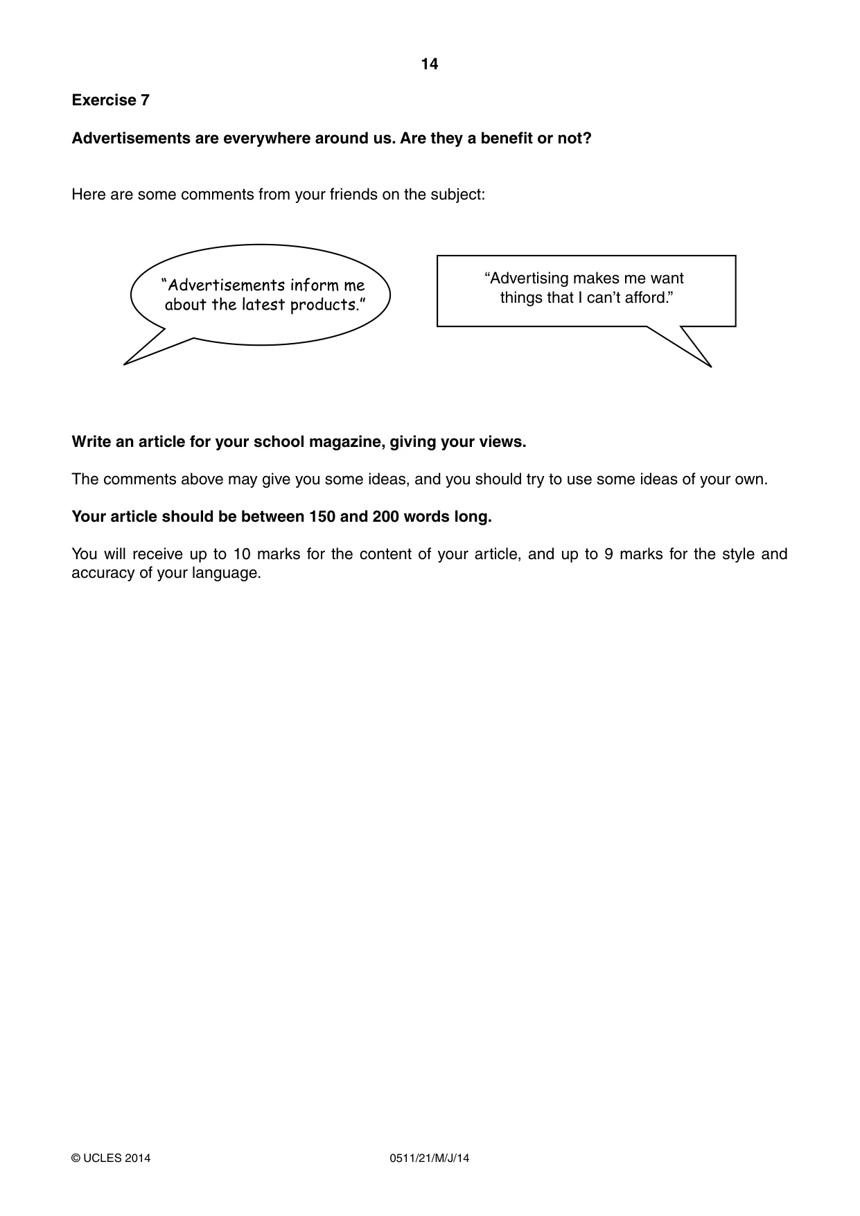 Cambridge IGCSE English - Second Language (count-in oral) 0511 2014 May/June Paper 2 · Variant 1 question paper, page 14 of 16