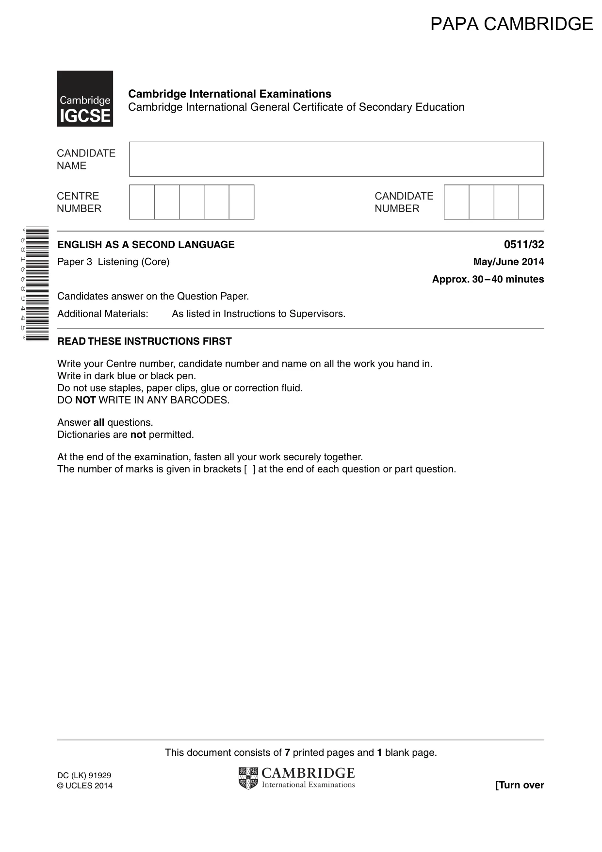 Cambridge IGCSE English - Second Language (count-in oral) 0511 2014 May/June Paper 3 · Variant 2 question paper, page 1 of 8