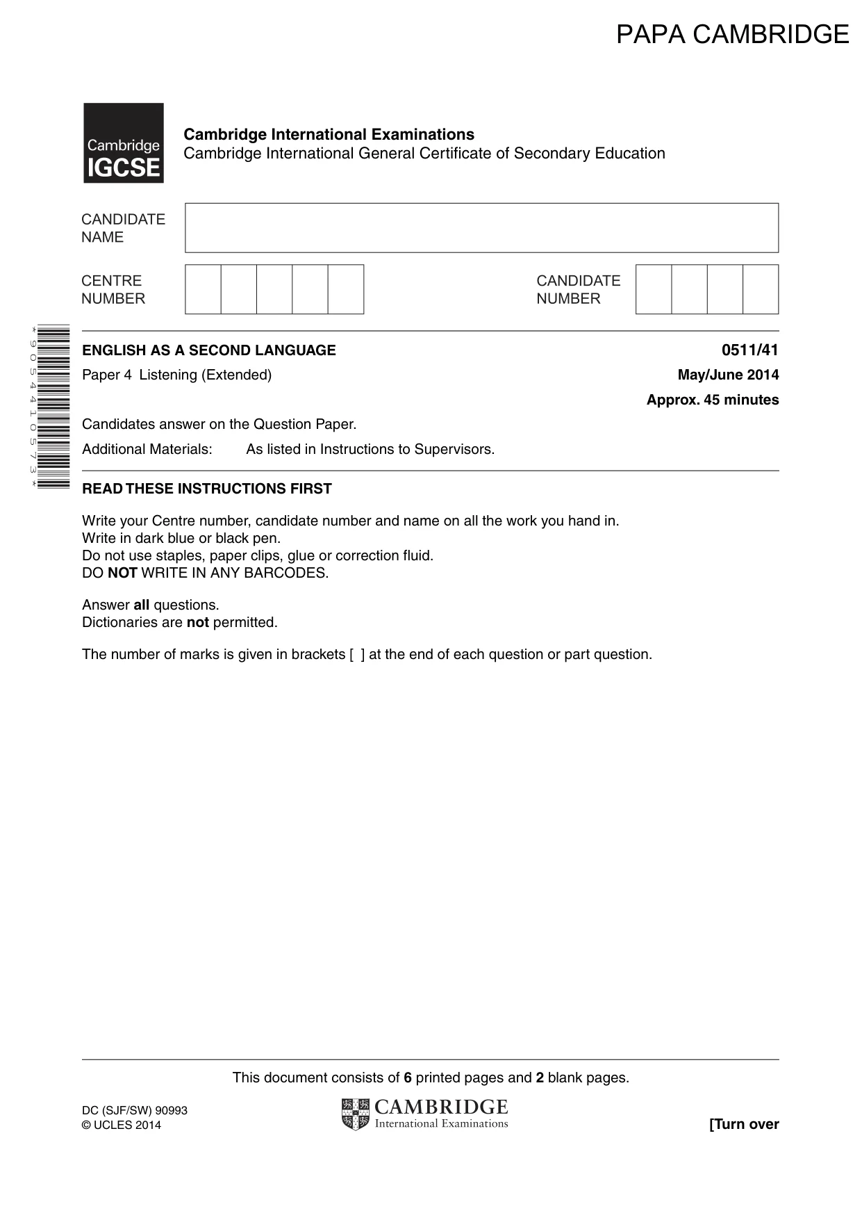 Cambridge IGCSE English - Second Language (count-in oral) 0511 2014 May/June Paper 4 · Variant 1 question paper, page 1 of 8