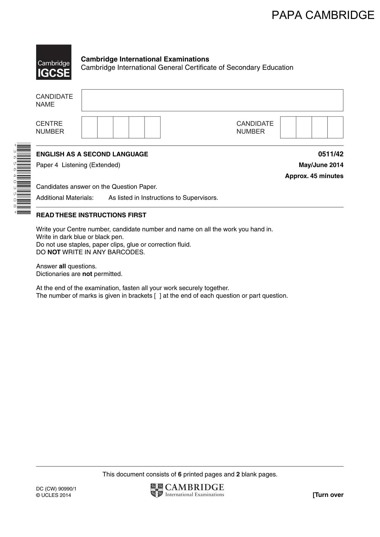 Cambridge IGCSE English - Second Language (count-in oral) 0511 2014 May/June Paper 4 · Variant 2 question paper, page 1 of 8