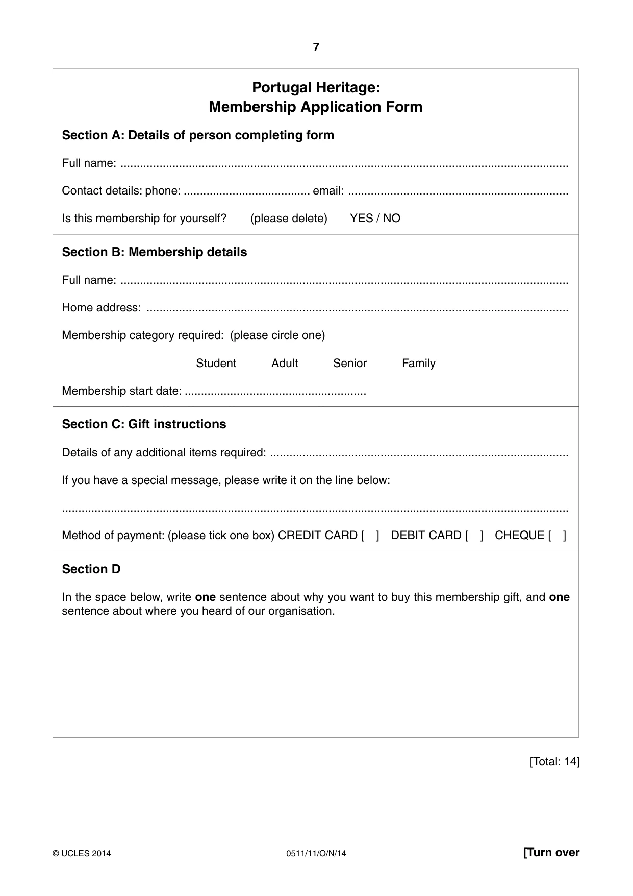 Cambridge IGCSE English - Second Language (count-in oral) 0511 2014 Oct/Nov Paper 1 · Variant 1 question paper, page 7 of 16