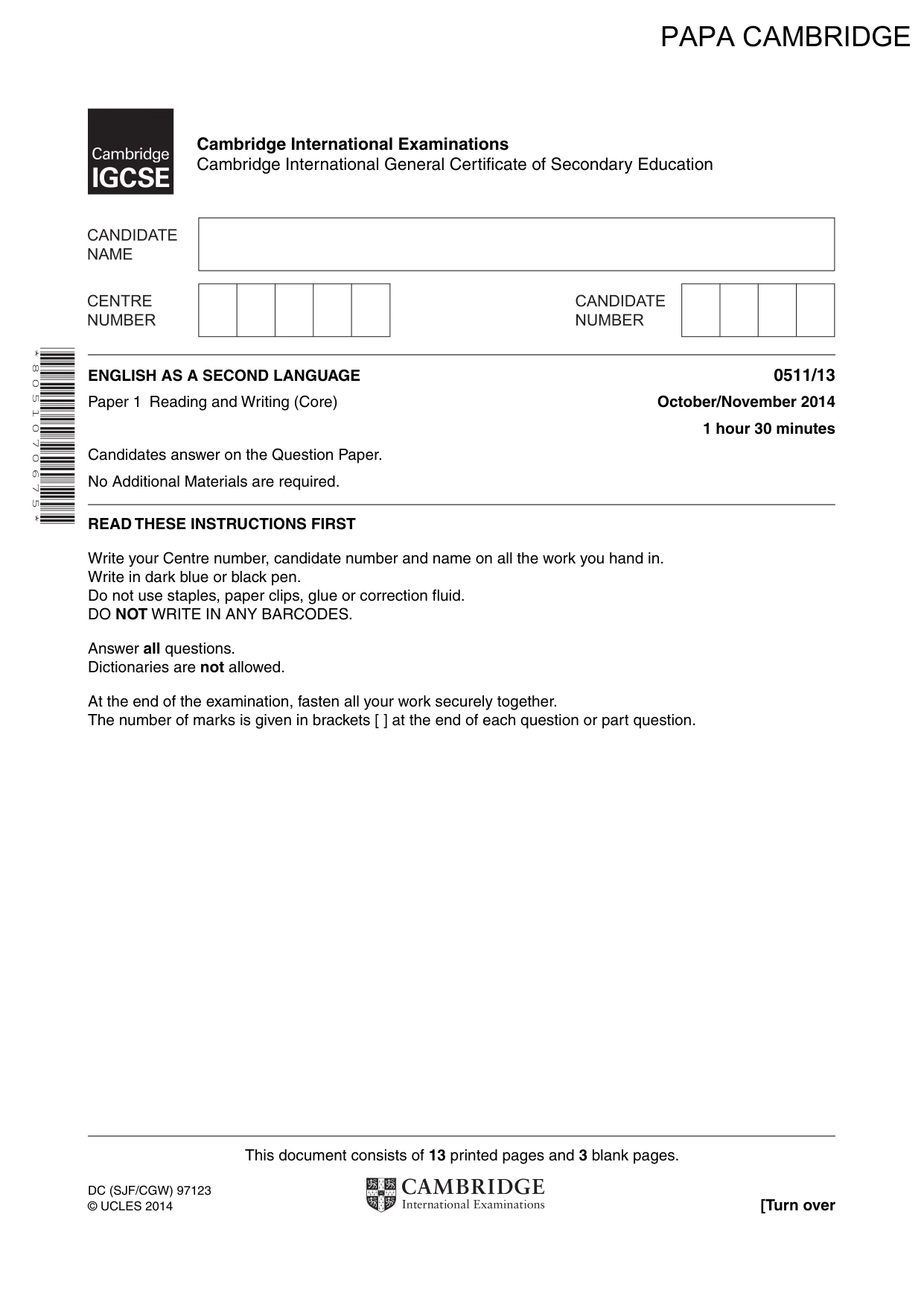 Cambridge IGCSE English - Second Language (count-in oral) 0511 2014 Oct/Nov Paper 1 · Variant 3 question paper, page 1 of 16