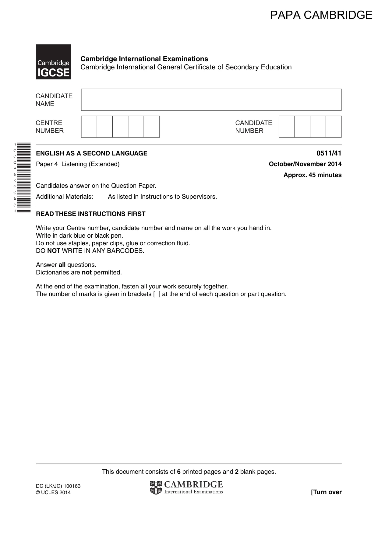 Cambridge IGCSE English - Second Language (count-in oral) 0511 2014 Oct/Nov Paper 4 · Variant 1 question paper, page 1 of 8