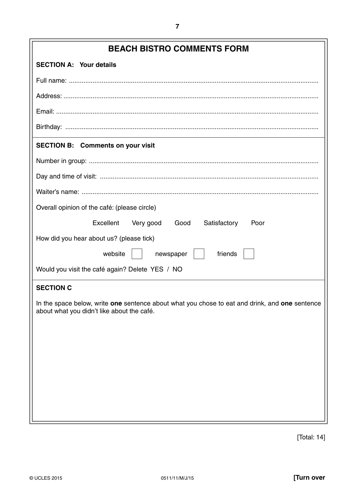 Cambridge IGCSE English - Second Language (count-in oral) 0511 2015 May/June Paper 1 · Variant 1 question paper, page 7 of 16