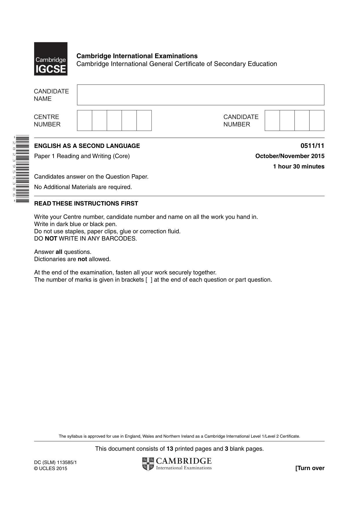 Cambridge IGCSE English - Second Language (count-in oral) 0511 2015 Oct/Nov Paper 1 · Variant 1 question paper, page 1 of 16