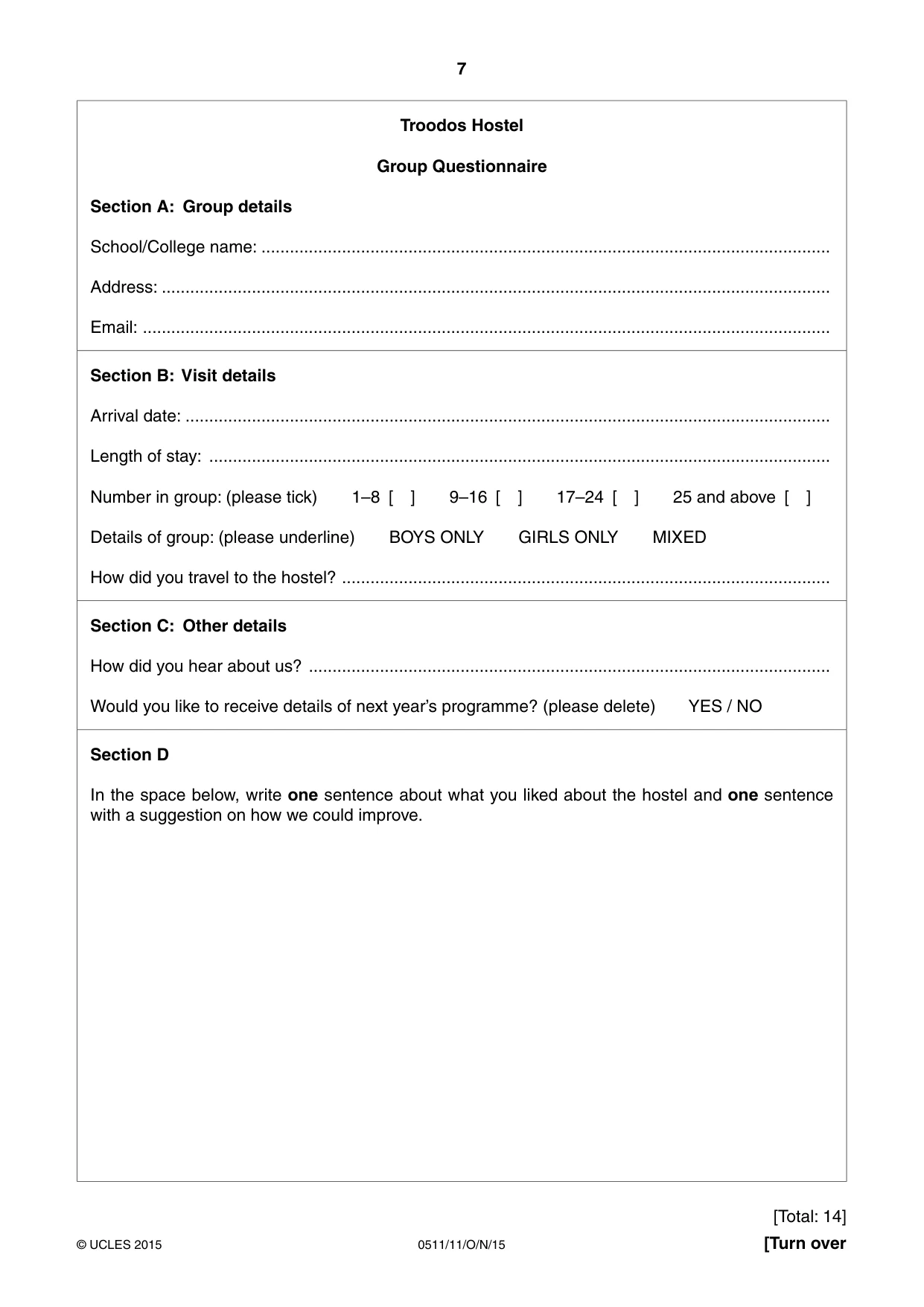 Cambridge IGCSE English - Second Language (count-in oral) 0511 2015 Oct/Nov Paper 1 · Variant 1 question paper, page 7 of 16
