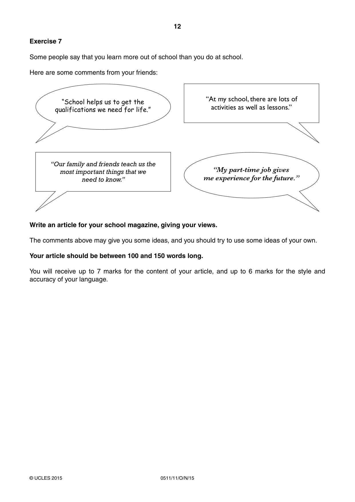 Cambridge IGCSE English - Second Language (count-in oral) 0511 2015 Oct/Nov Paper 1 · Variant 1 question paper, page 12 of 16