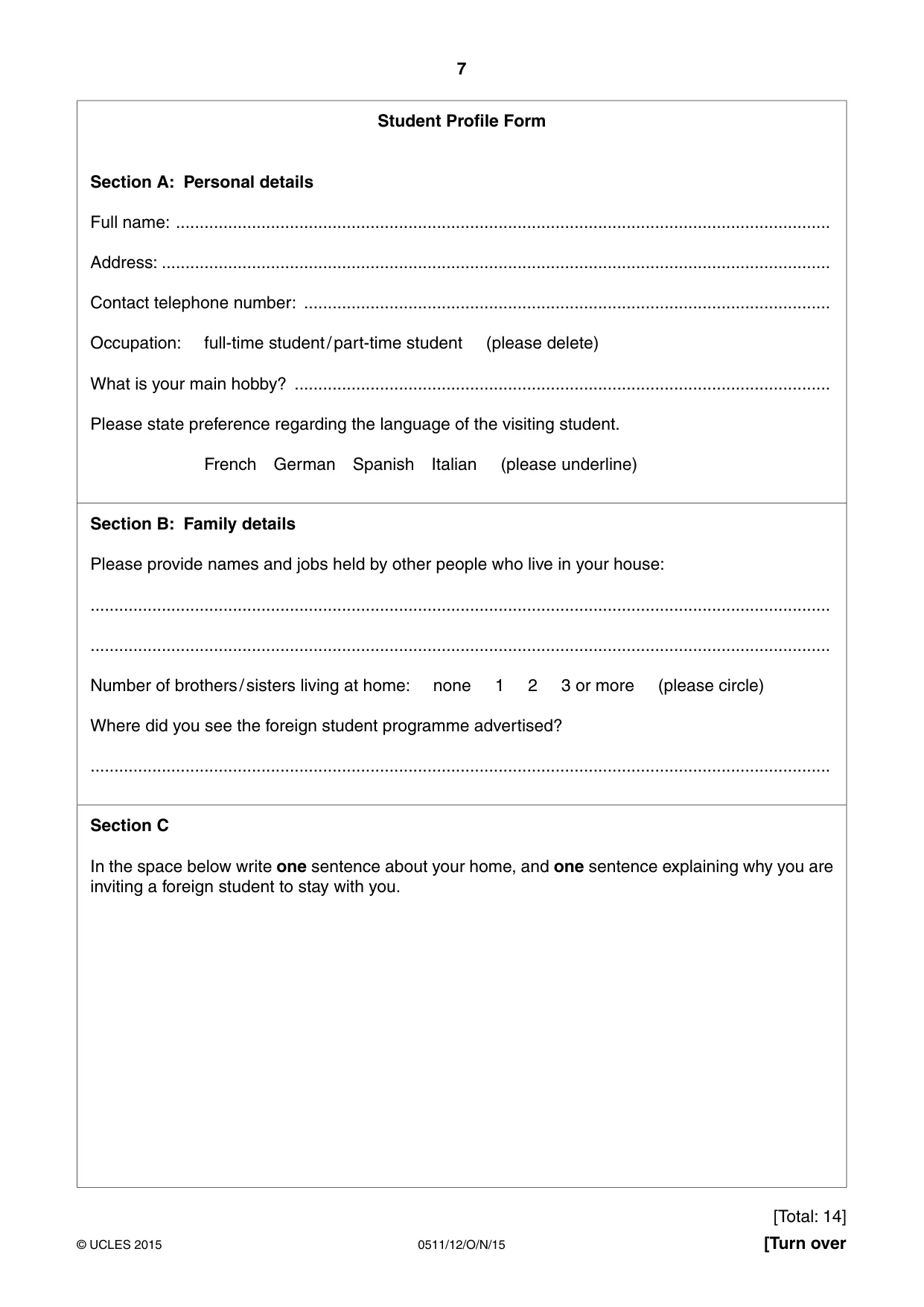 Cambridge IGCSE English - Second Language (count-in oral) 0511 2015 Oct/Nov Paper 1 · Variant 2 question paper, page 7 of 16