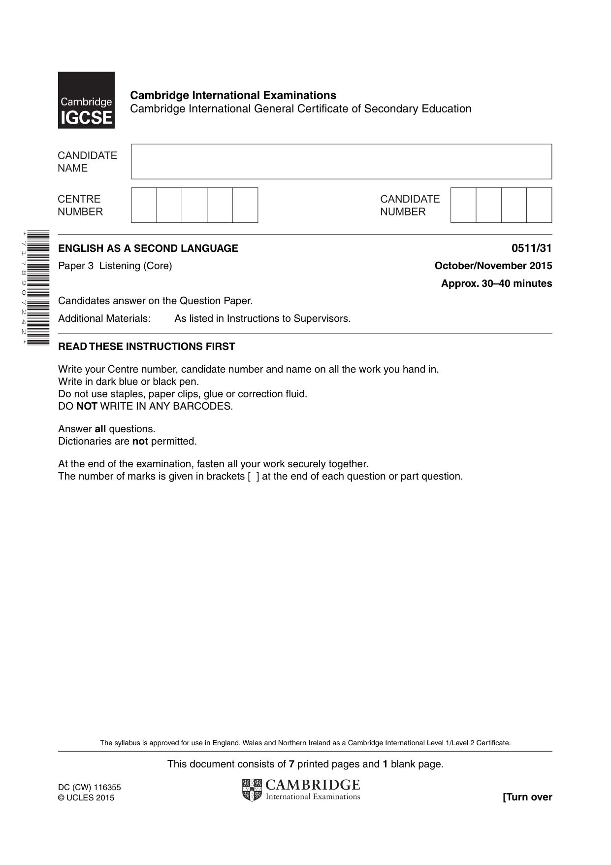 Cambridge IGCSE English - Second Language (count-in oral) 0511 2015 Oct/Nov Paper 3 · Variant 1 question paper, page 1 of 8