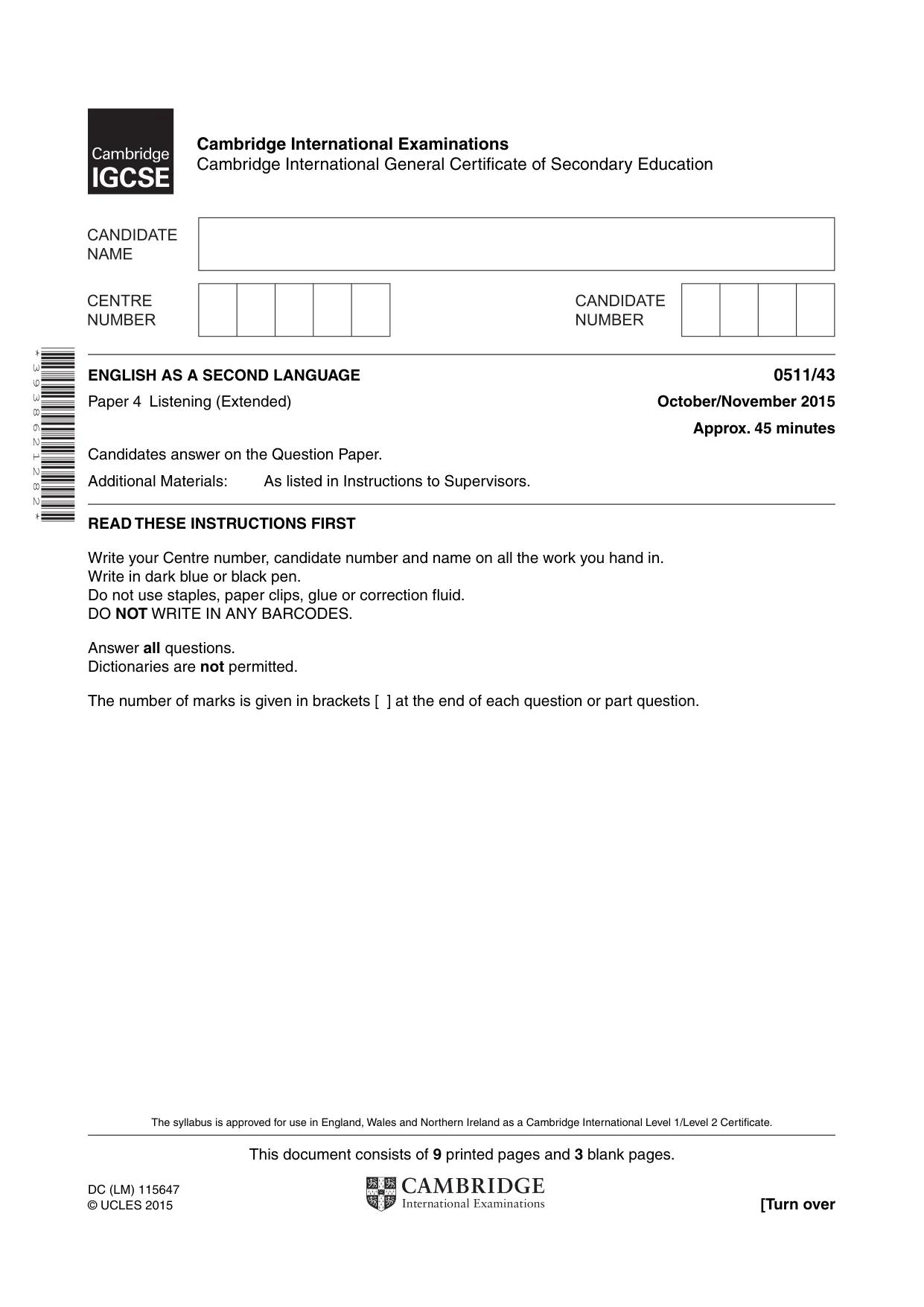 Cambridge IGCSE English - Second Language (count-in oral) 0511 2015 Oct/Nov Paper 4 · Variant 3 question paper, page 1 of 12