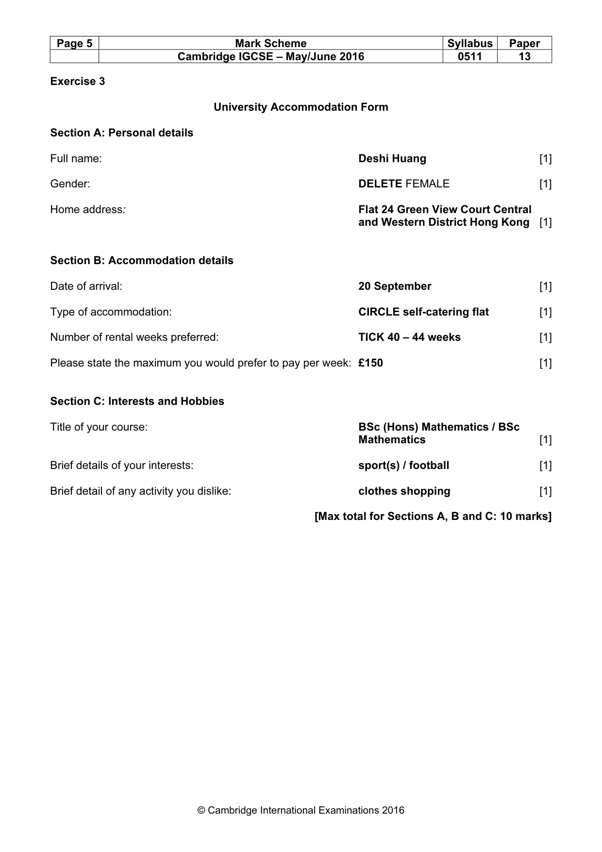 Mark scheme, page 5 of 11