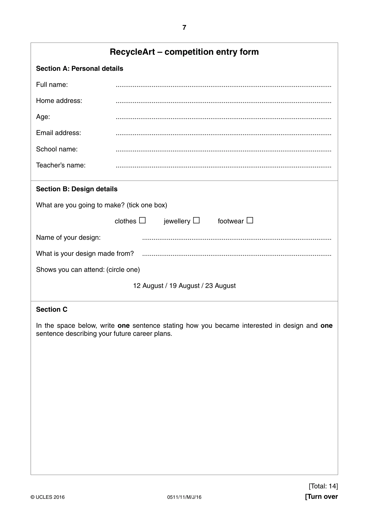 Cambridge IGCSE English - Second Language (count-in oral) 0511 2016 May/June Paper 1 · Variant 1 question paper, page 7 of 16