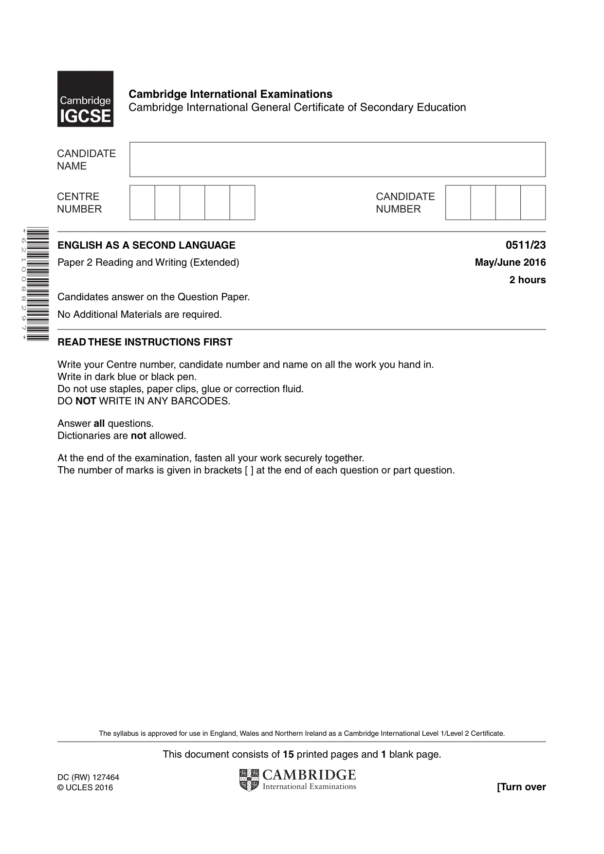 Cambridge IGCSE English - Second Language (count-in oral) 0511 2016 May/June Paper 2 · Variant 3 question paper, page 1 of 16