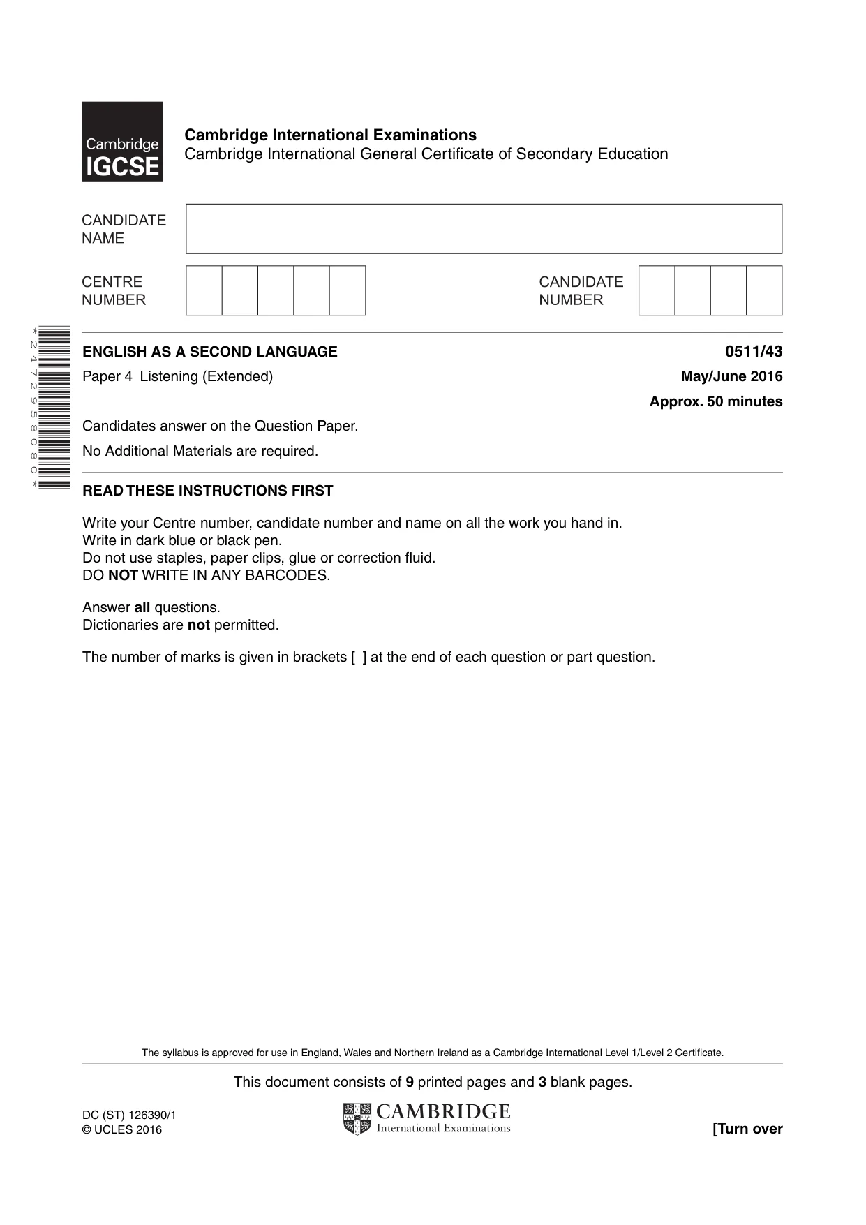 Cambridge IGCSE English - Second Language (count-in oral) 0511 2016 May/June Paper 4 · Variant 3 question paper, page 1 of 12