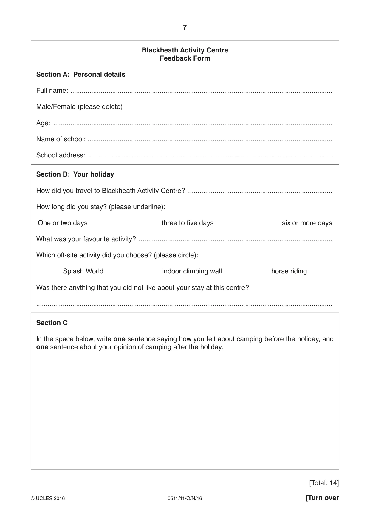 Cambridge IGCSE English - Second Language (count-in oral) 0511 2016 Oct/Nov Paper 1 · Variant 1 question paper, page 7 of 16