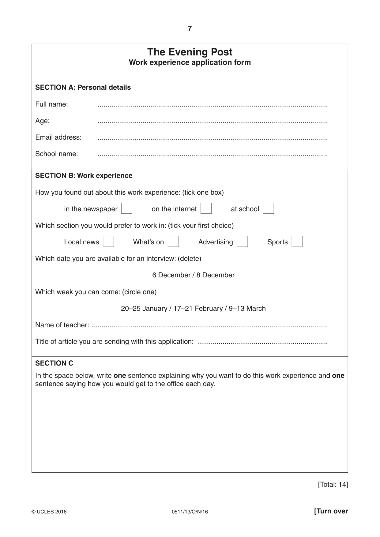 Cambridge IGCSE English - Second Language (count-in oral) 0511 2016 Oct/Nov Paper 1 · Variant 3 question paper, page 7 of 16