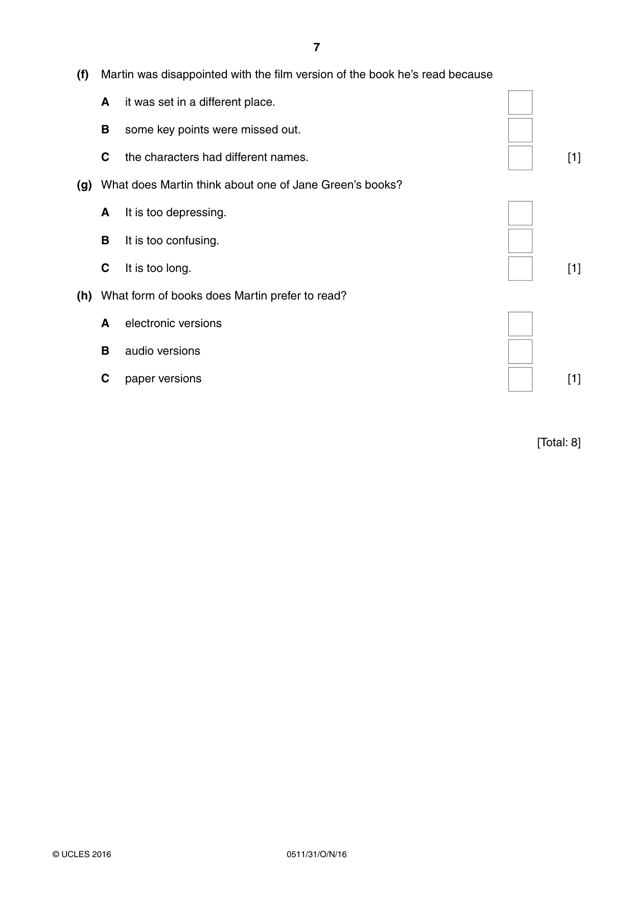 Cambridge IGCSE English - Second Language (count-in oral) 0511 2016 Oct/Nov Paper 3 · Variant 1 question paper, page 7 of 8
